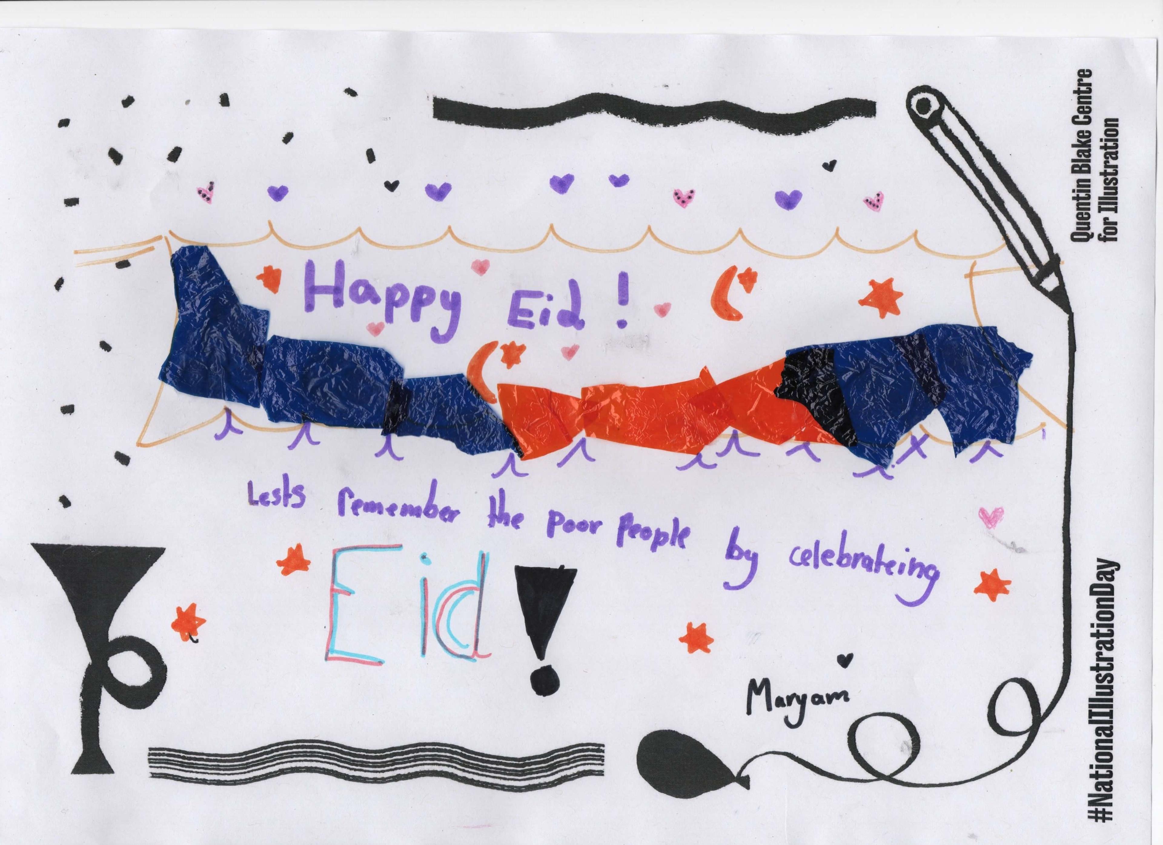 This picture reads: "Happy Eid! Let's remember the poor people by celebrating Eid!" The picture includes numerous hearts and stars and a strip of collaged cellophane paper, 