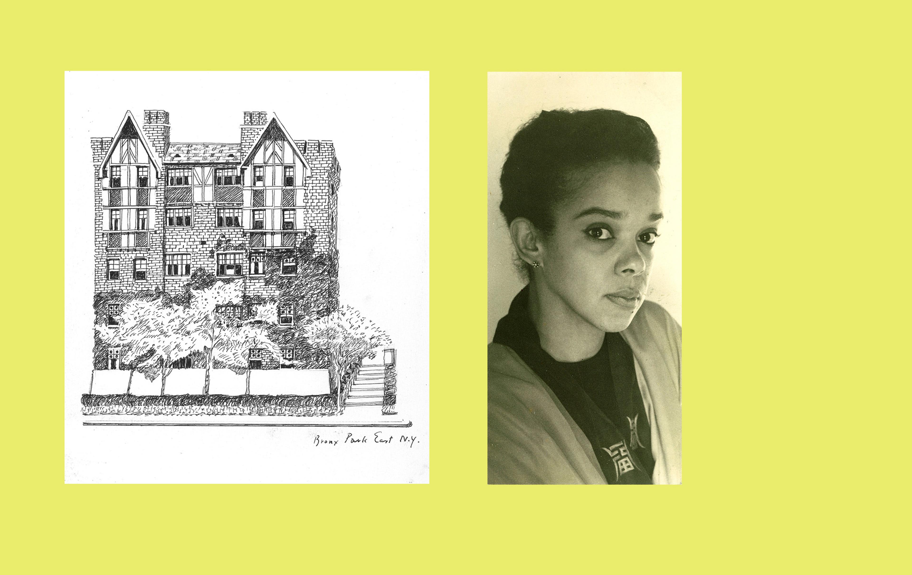 Drawing of a housing block in black ink on white paper, sepia photo of Jacqueline Ayer, a young Black woman