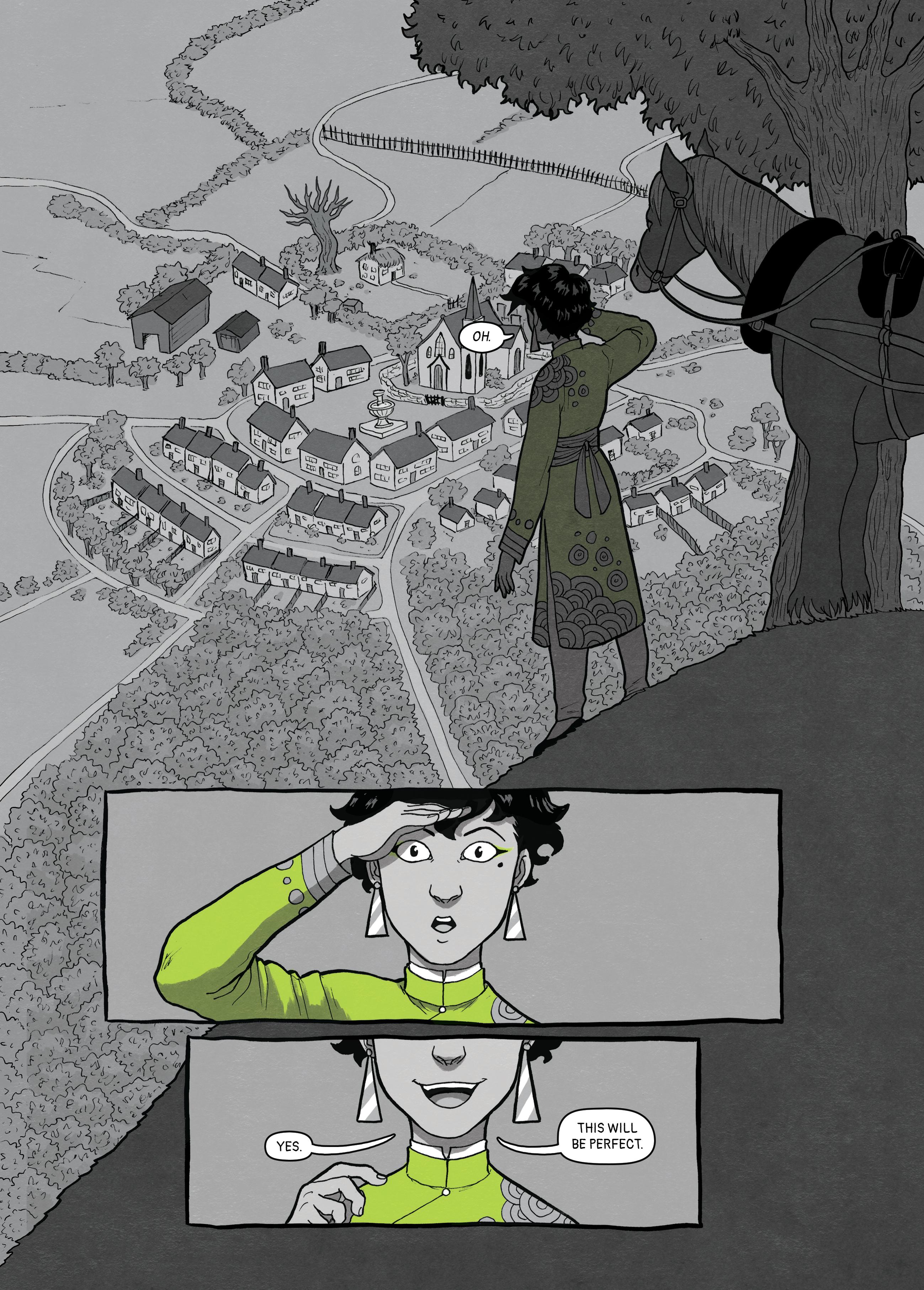 A person with a horse stands on top of a hill looking down on a village. Two panels spotlight her face.