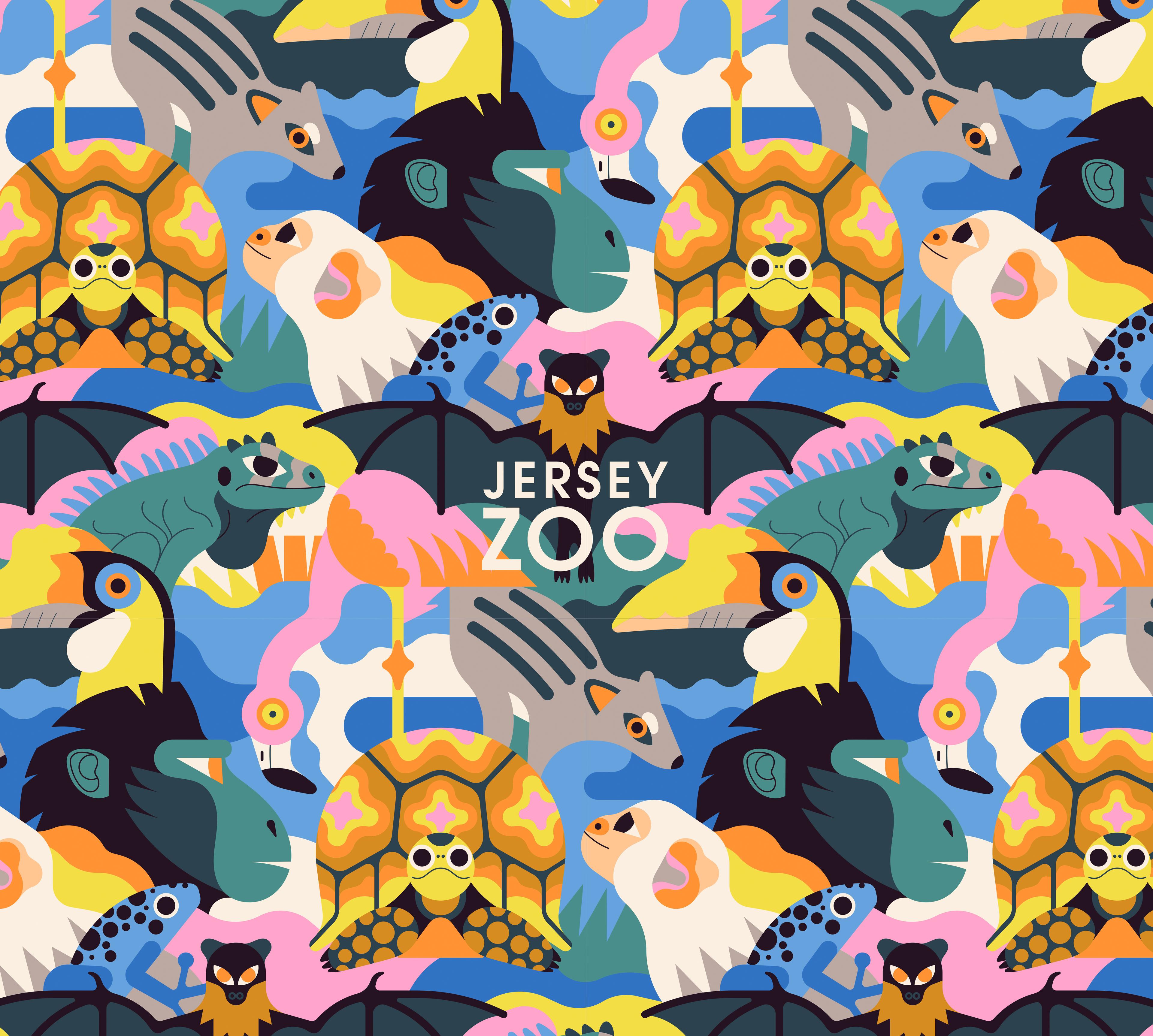 A bold illustrated pattern featuring an array of animals and birds including toucans, monkeys, turtles, bats and others. In the center, we can see the words 'Jersey Zoo' in a clean sans serif font.