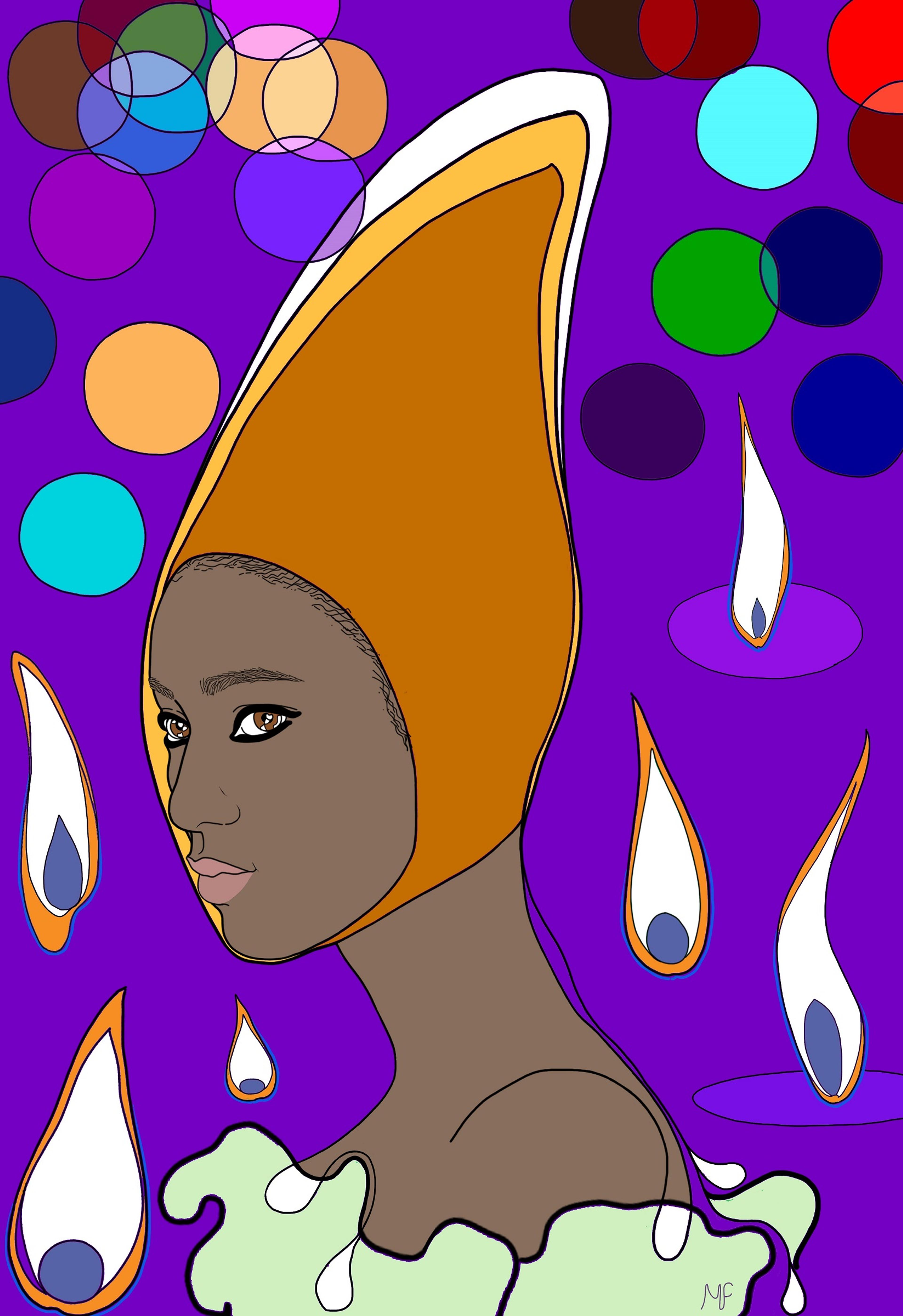 Illustration of a person wearing a flame-like hat, surrounded by lit matches