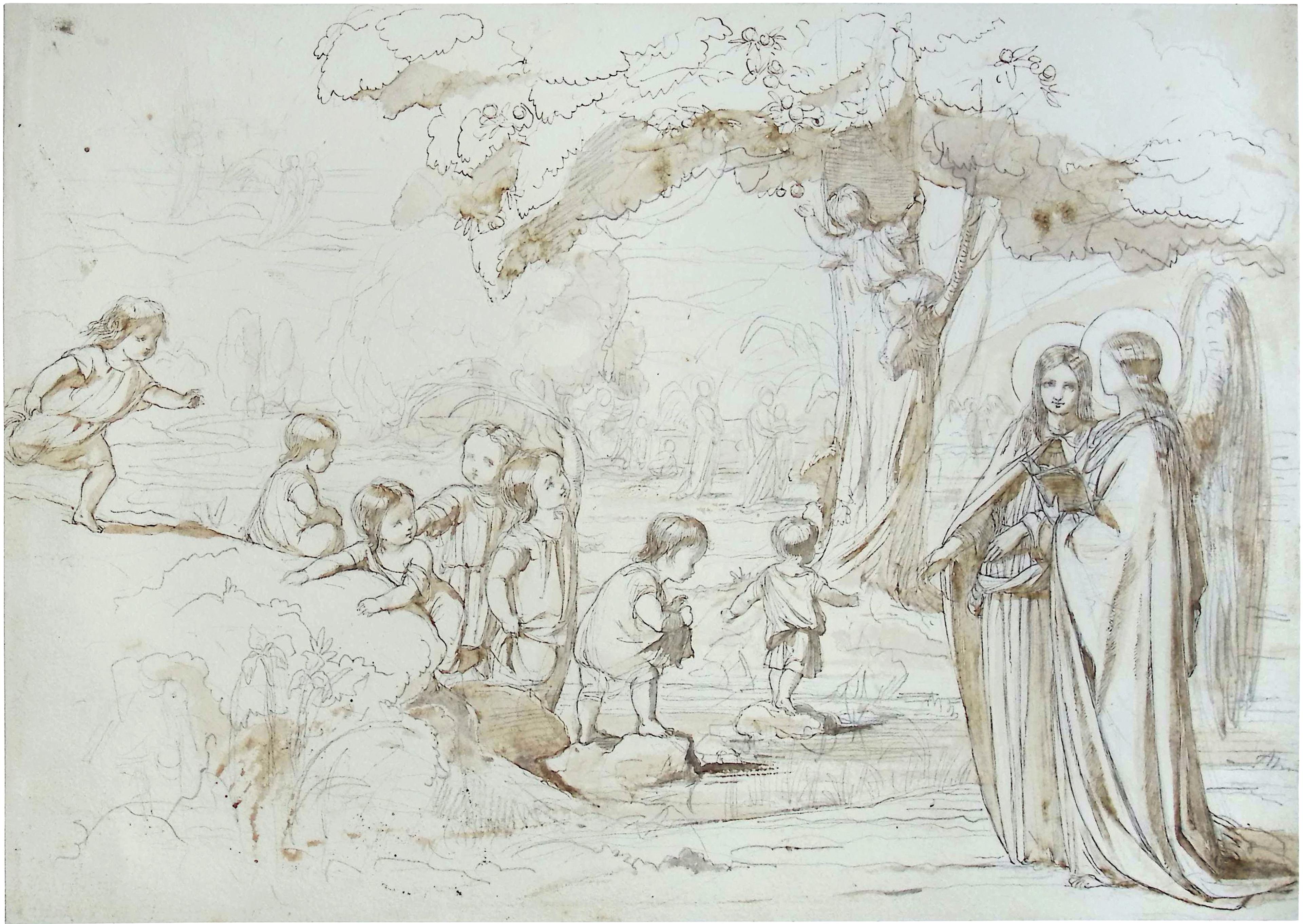 A drawing of a group of small children playing in a garden. One of them climbing a large tree. Two adult angels stand in the foreground with others in the distance.