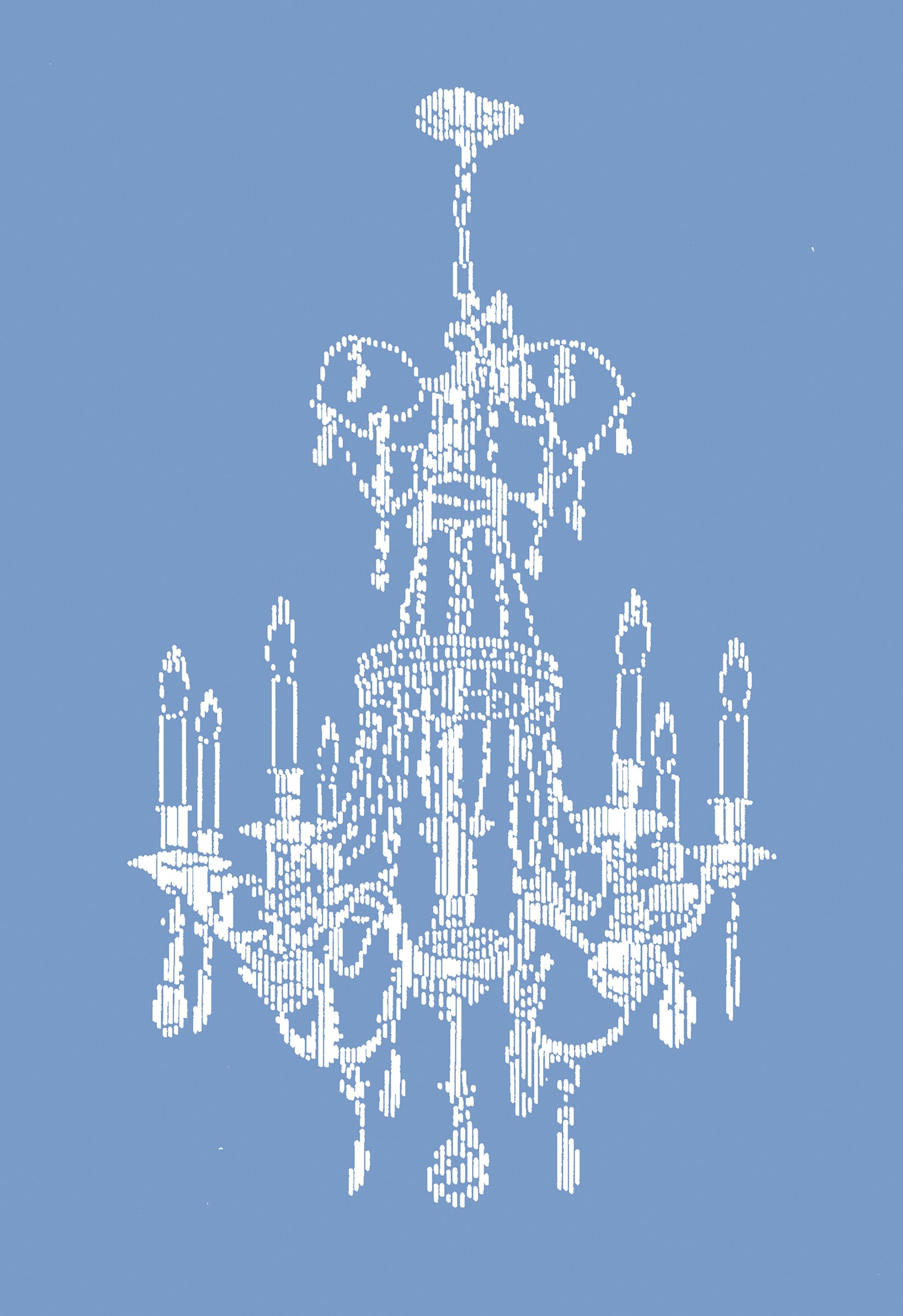 Illustration of a chandelier rendered in white lines against a blue background