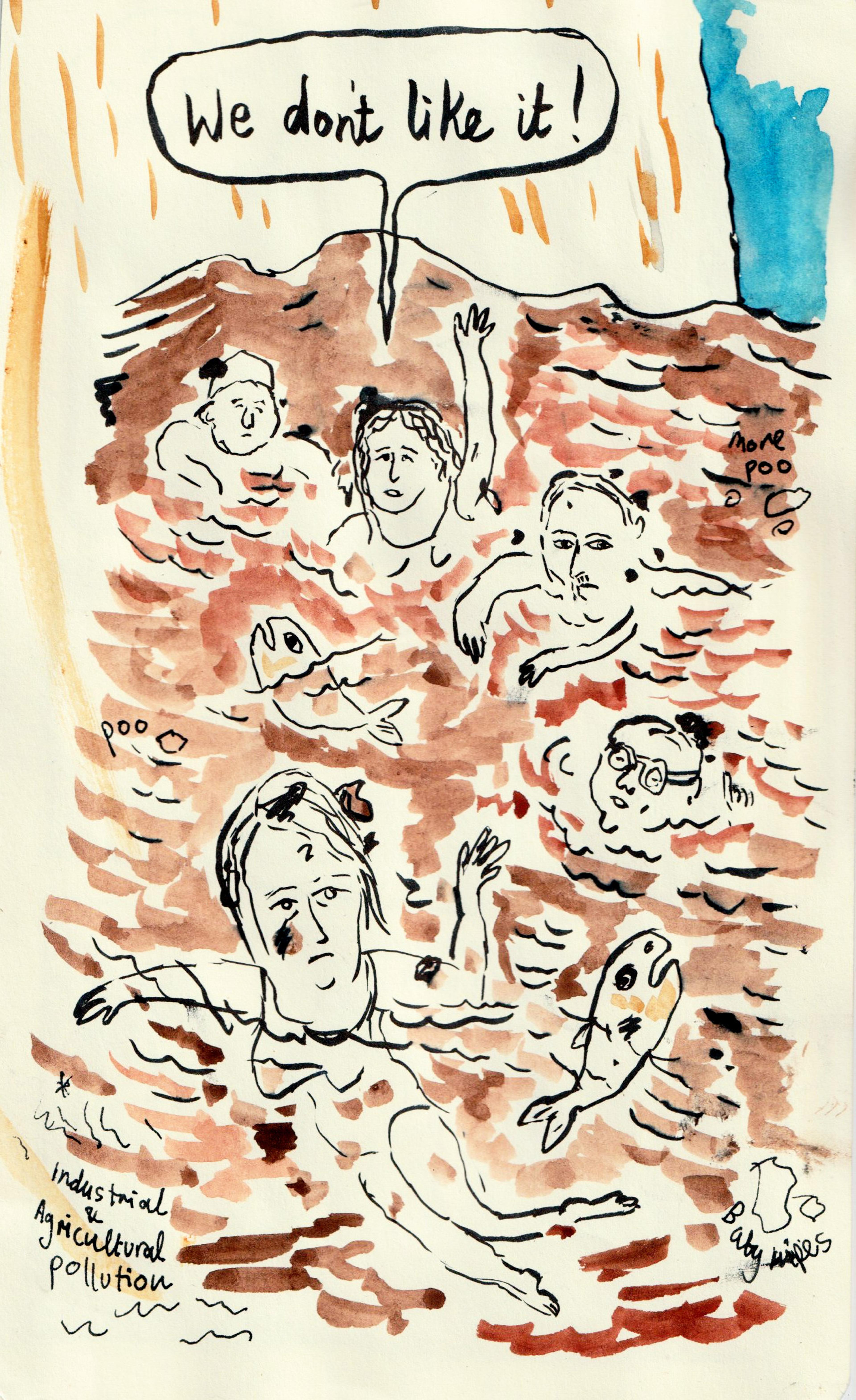 An illustration of a group of people looking unhappy, swimming in brown water.