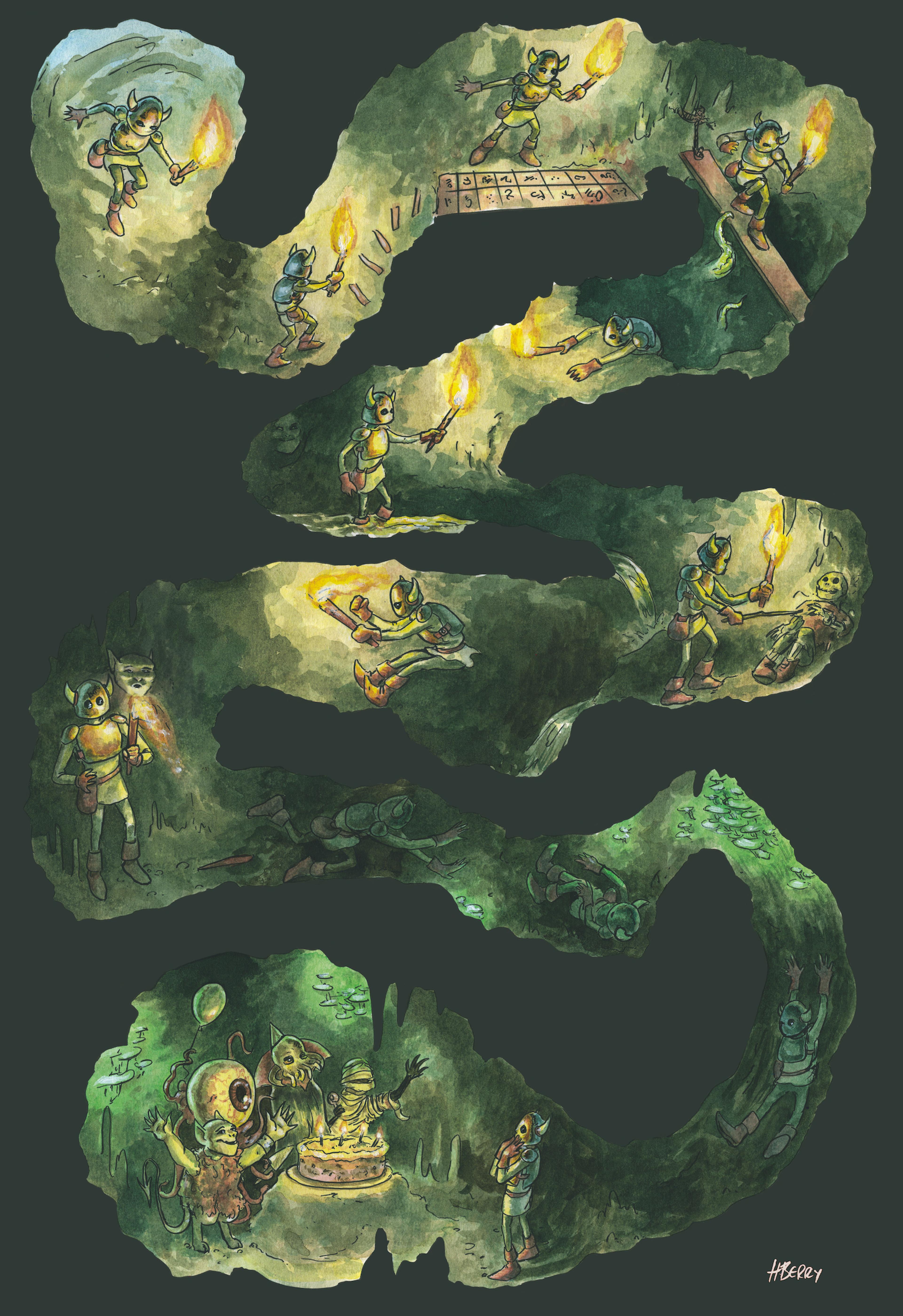 Illustration of a character journeying through an underground cave to get to a party