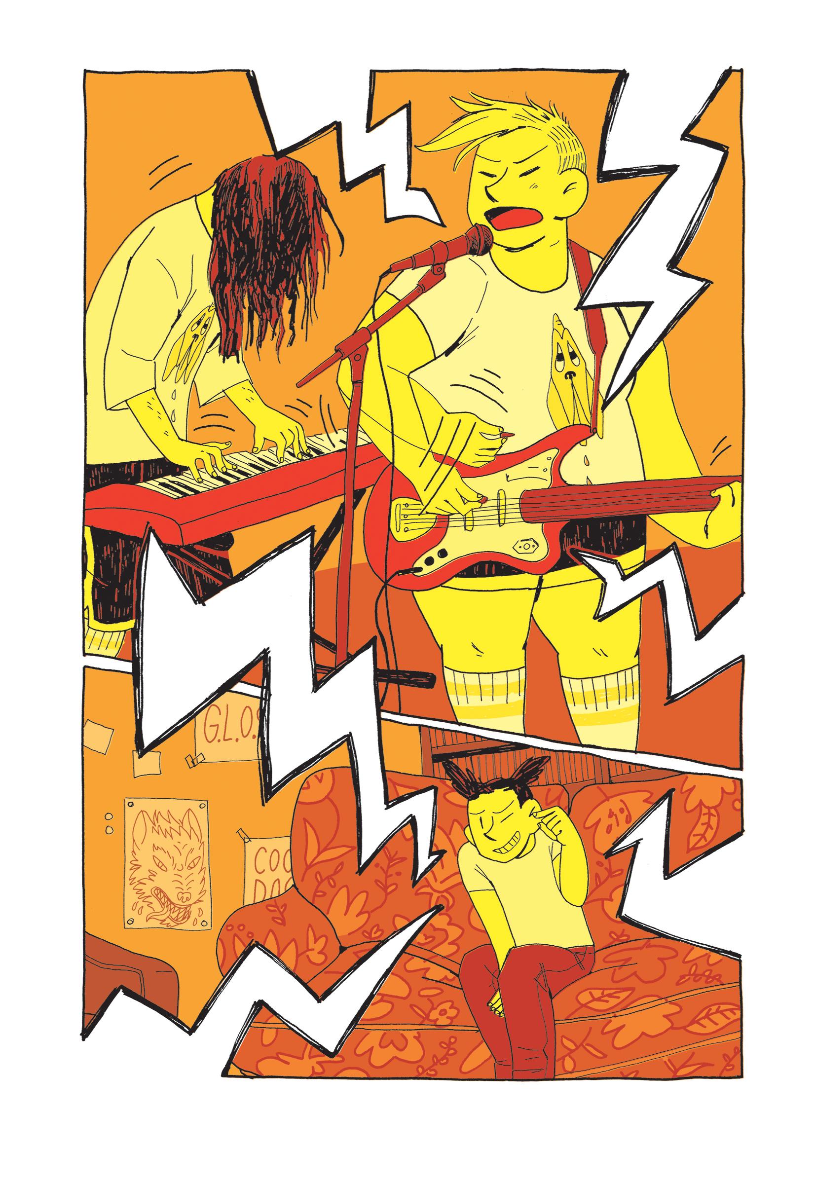 An illustration of a band performing with a keyboardist on the left and a guitarist singing into a microphone on the right, with jagged white lines suggesting loud music. A third figure sits on a couch in the foreground, covering their ear.