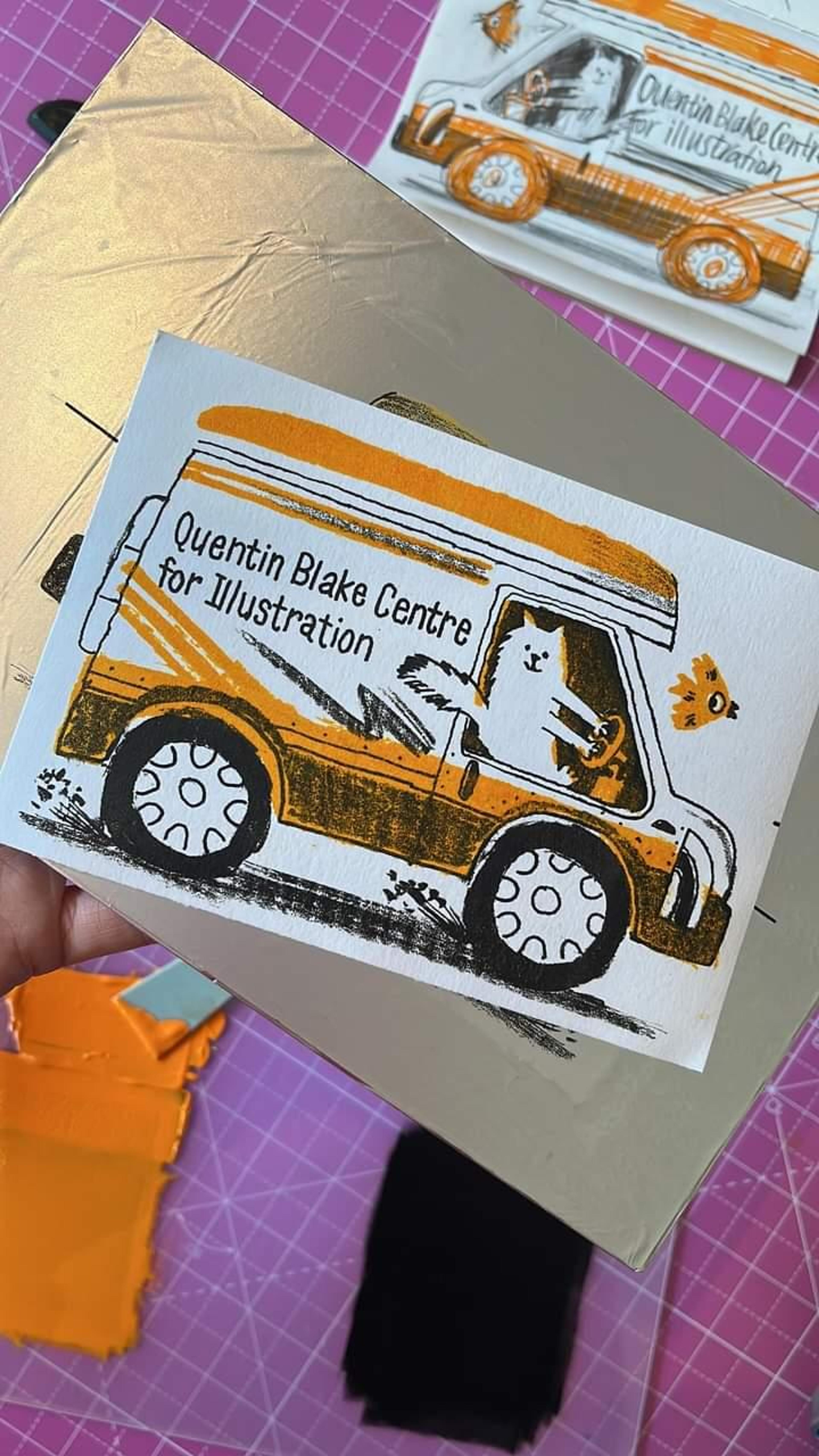 A print of a van with the text 'Quentin Blake Centre for Illustration' on it.