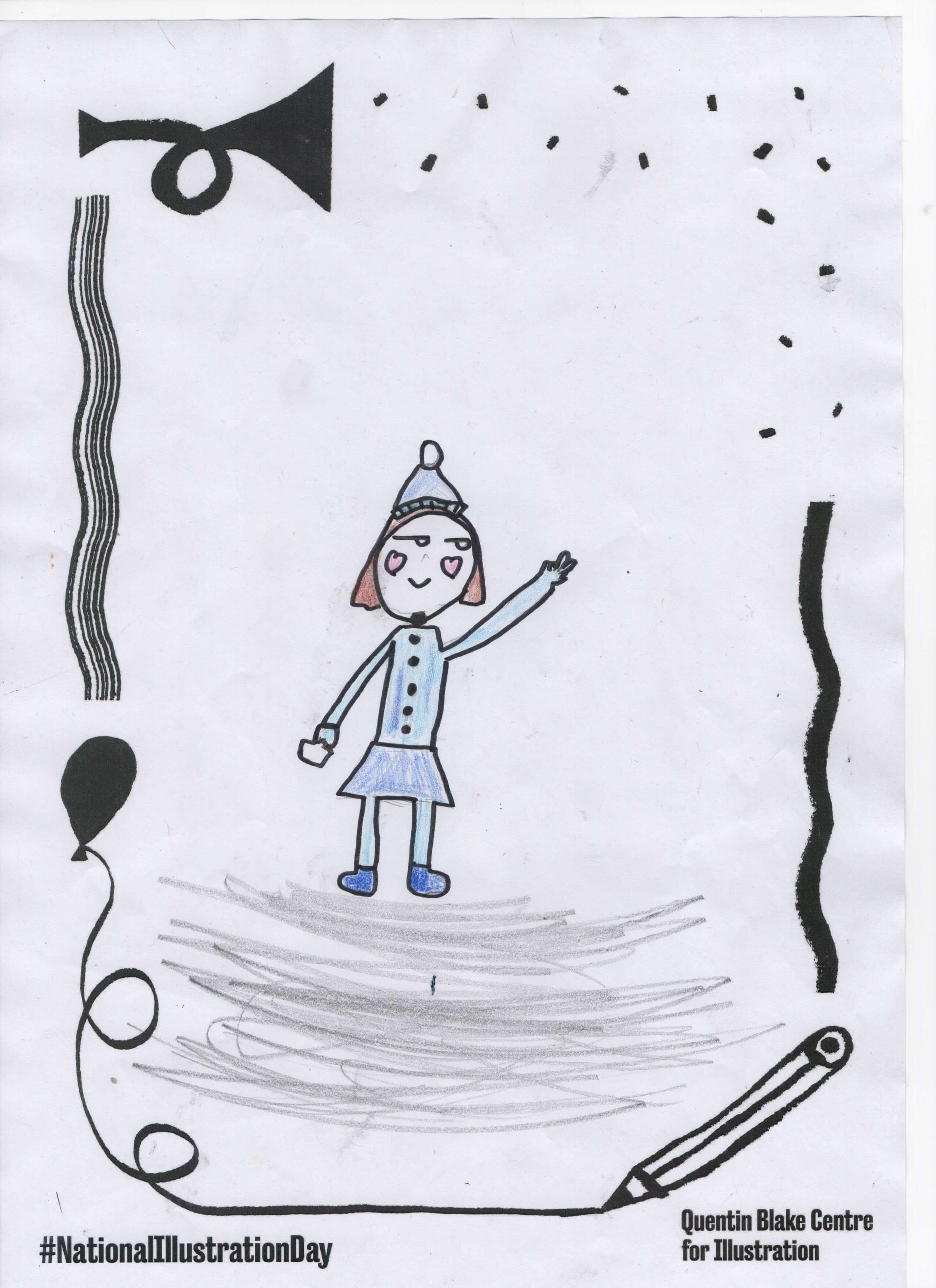 Drawing of a smiling child dressed in all-blue, including a conical cap, with their hand raised towards the sky. 