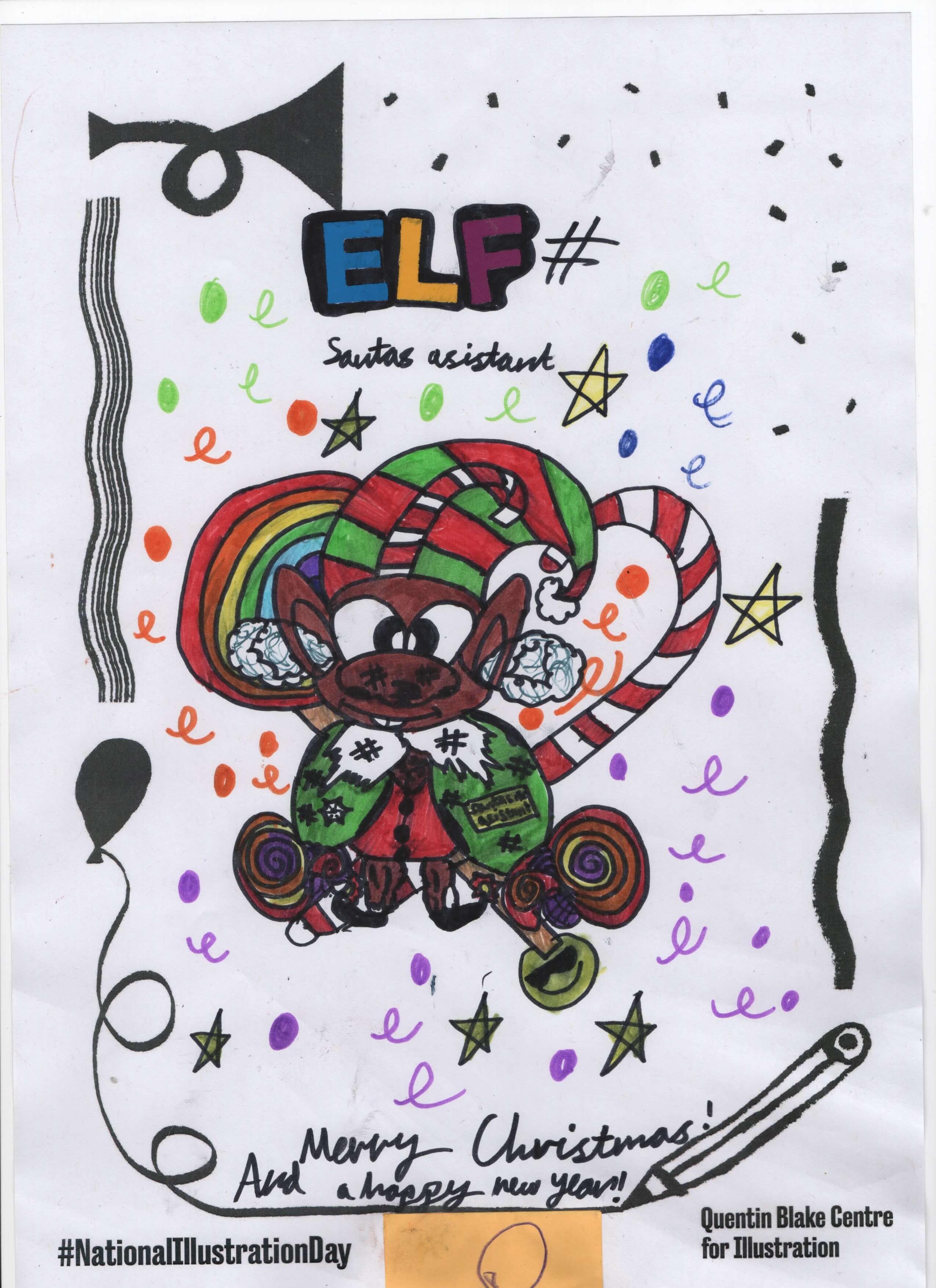 Colourful drawing of a happy cartoon elf.