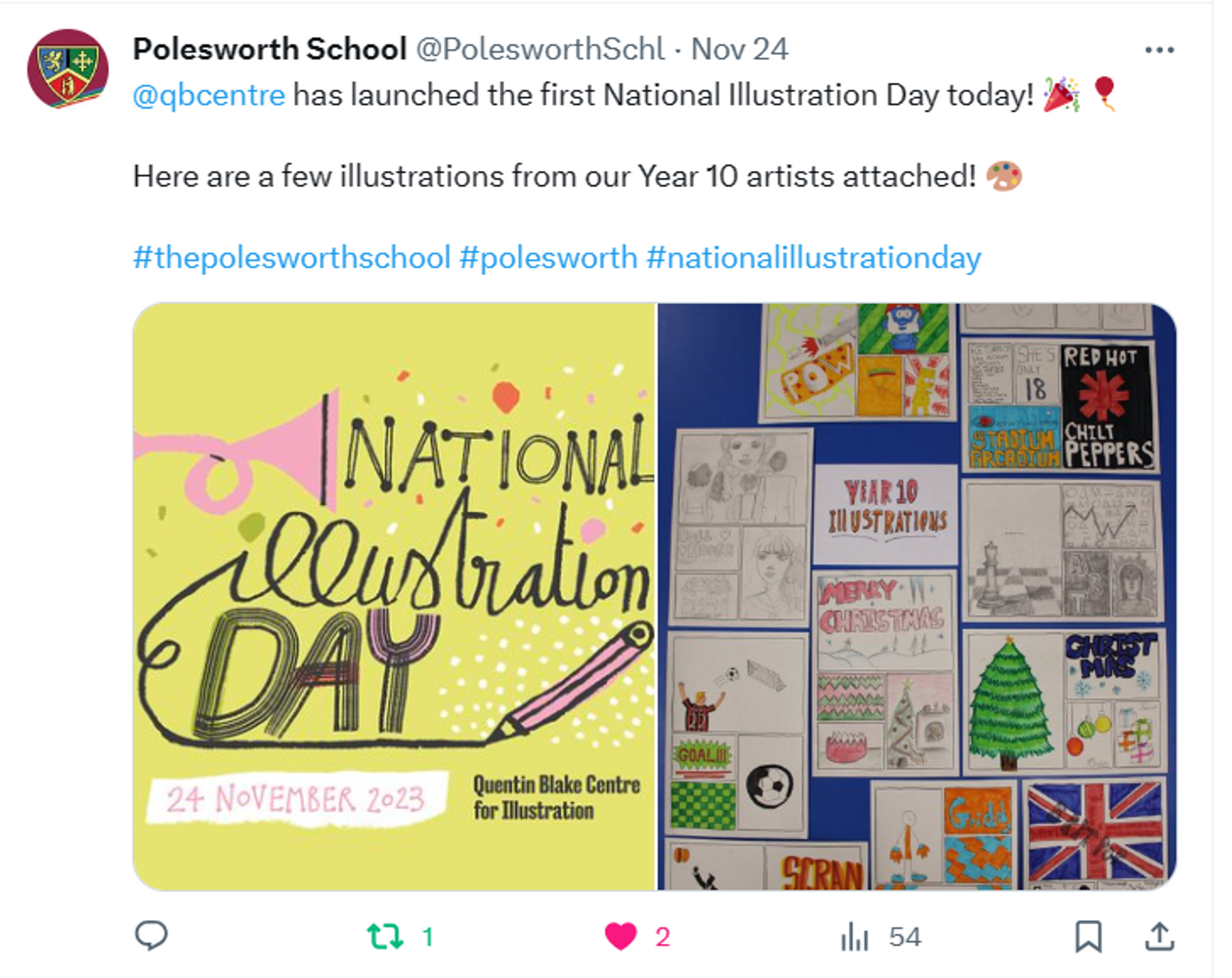 Screengrab of a National Illustration Day tweet on X from Polesworth School.