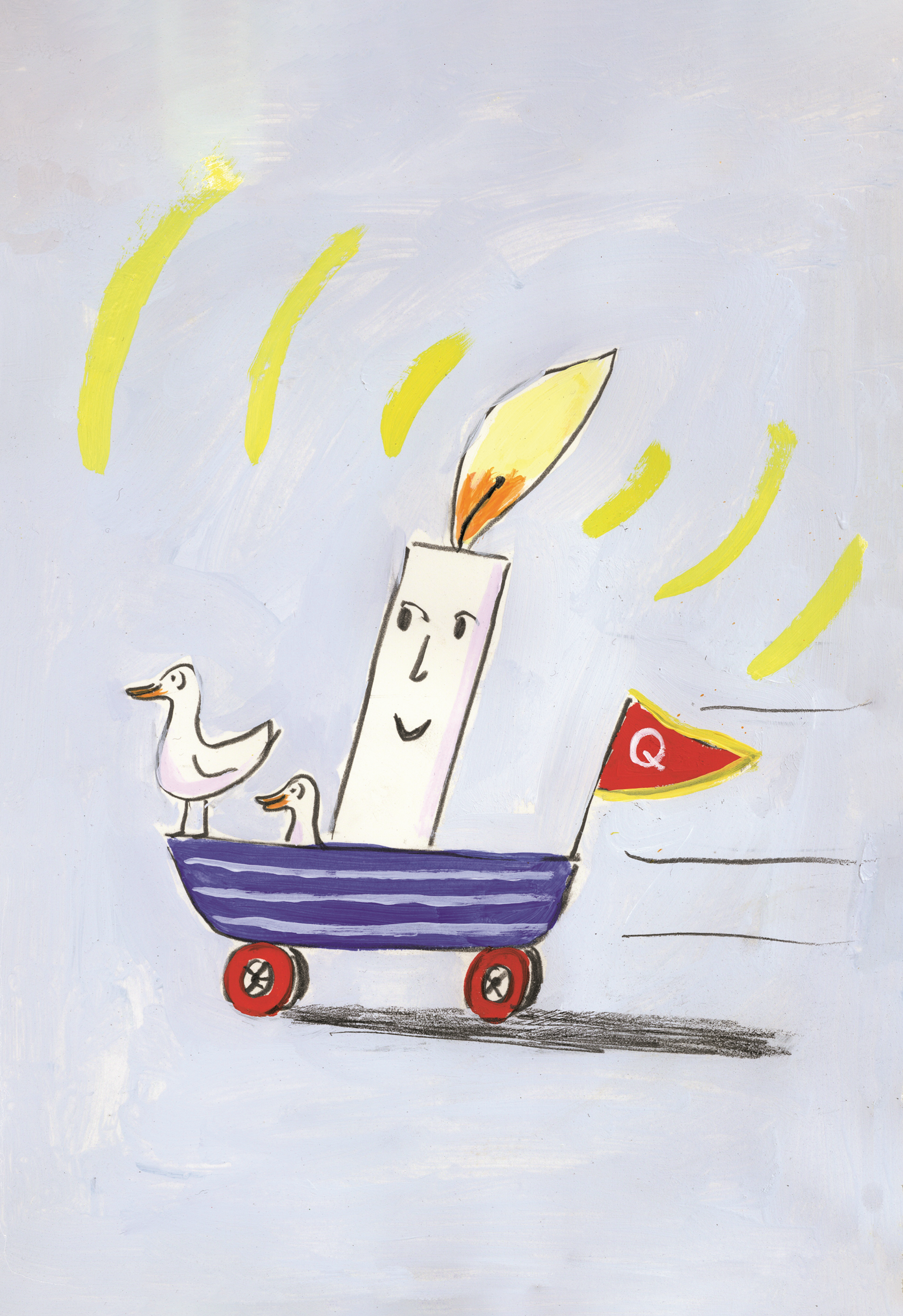 Illustration of a candle and two ducks in a boat on wheels