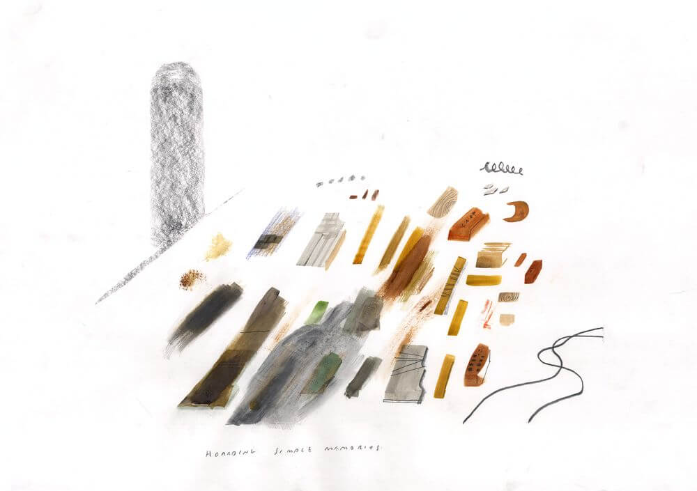 Illustration of items displayed on the floor with the text 'hoarding simple memories'. In the background is a doorway.