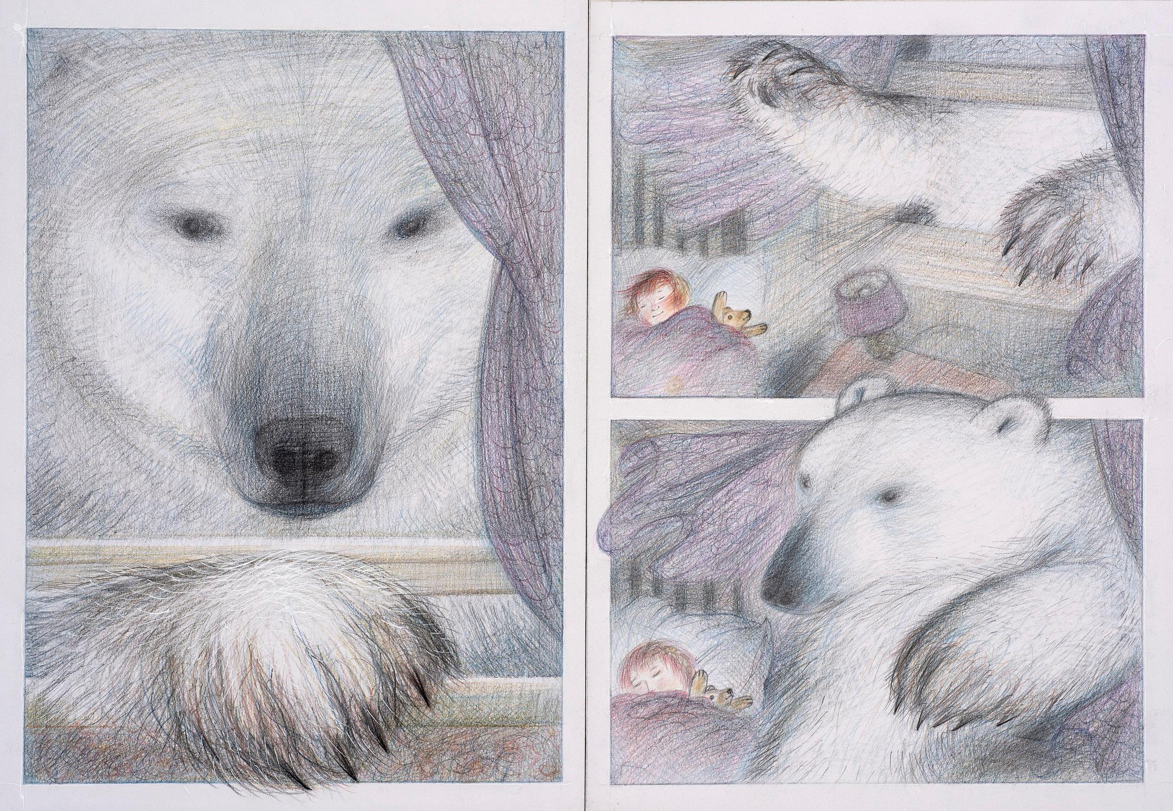 Illustration in three panels showing a giant bear going through a window into a sleeping child's bedroom