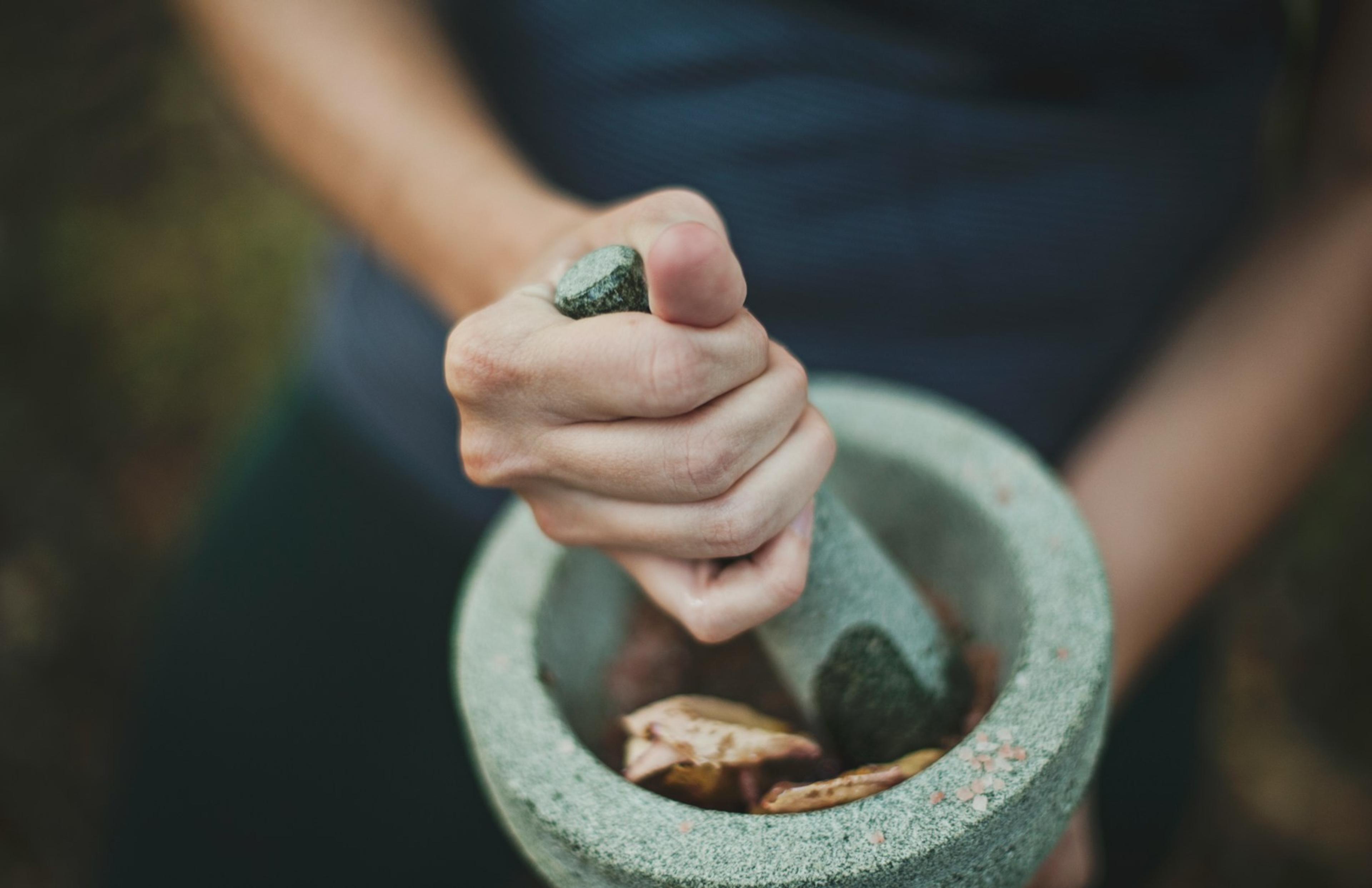 Herbs being ground in a stone mortar and pestle for an Ayurvedic remedy