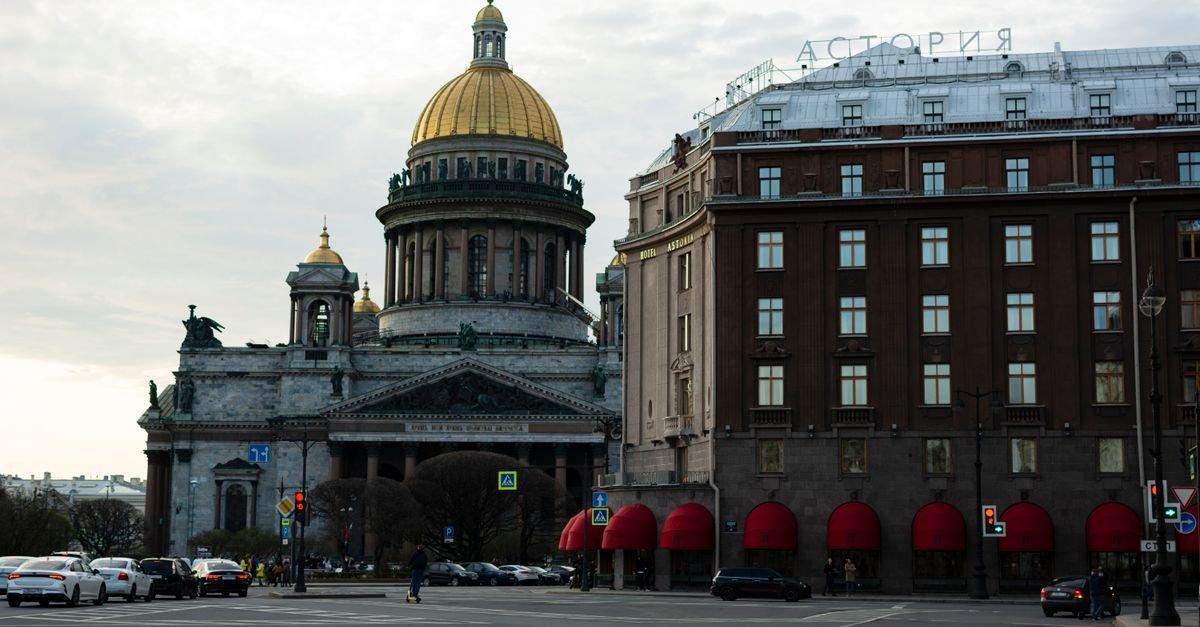 St. Isaac's Cathedral and Hotel Astoria captured in the heart of St. Petersburg, Russia.