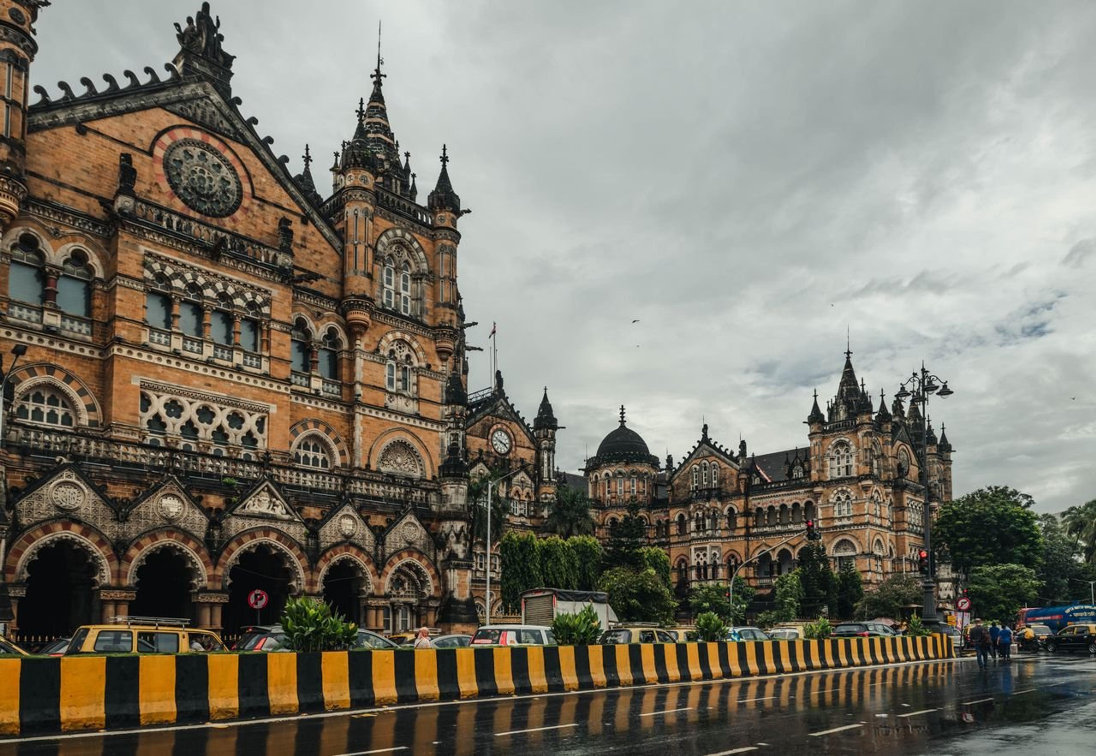 Rainy day view of Chhatrapati Shivaji Terminus, a UNESCO World Heritage Site in Mumbai, India.