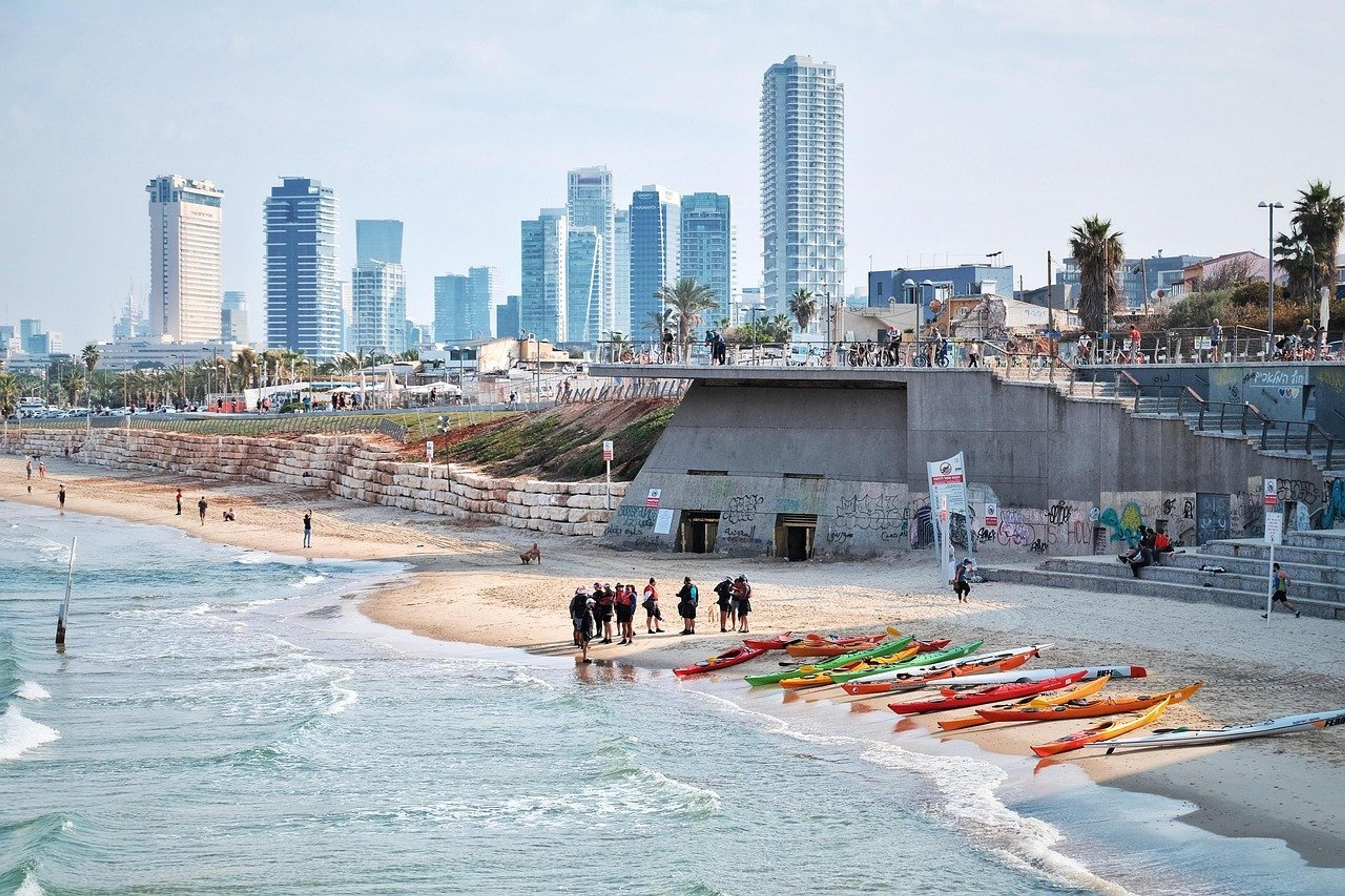 tel aviv, city, beach, coast, sea, kayaks, buildings, scenery, nature, israel