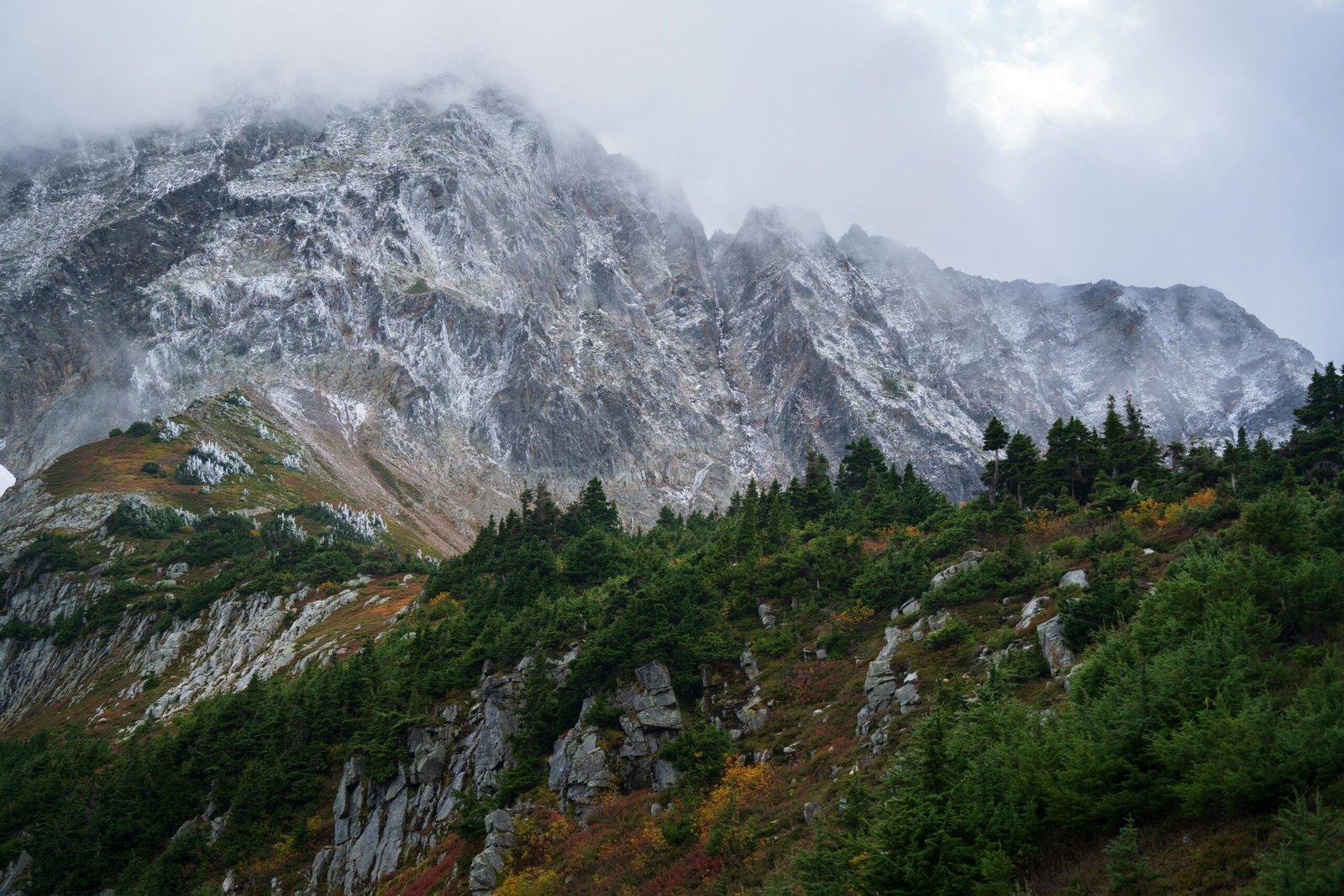 Foggy autumn landscape in North Cascades, Washington.