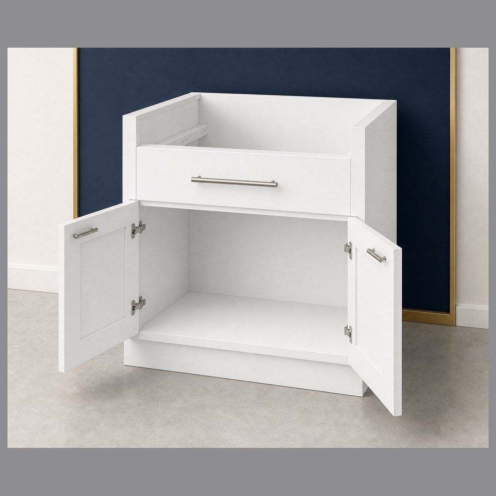 33-inch Shaker Farmhouse Sink Base Cabinet — open-door view