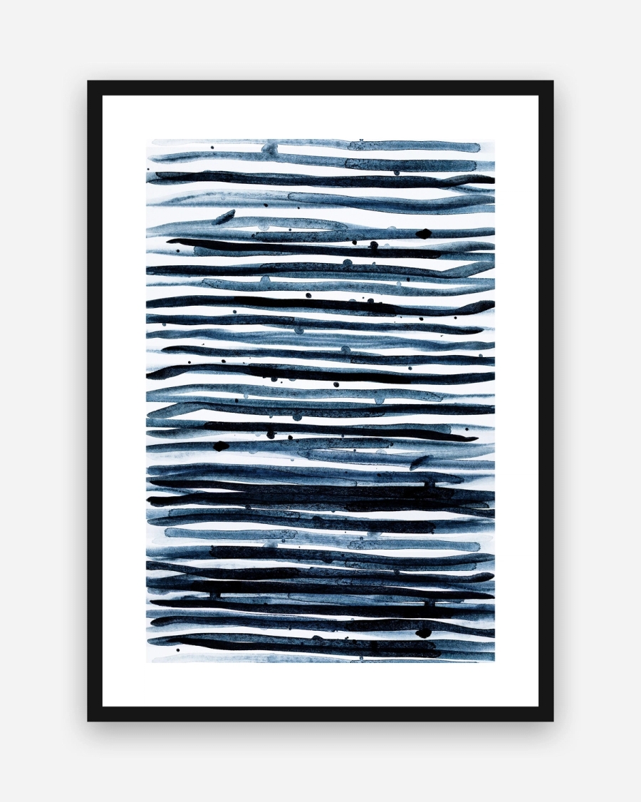 Indigo Stripes poster with a white border in a black frame