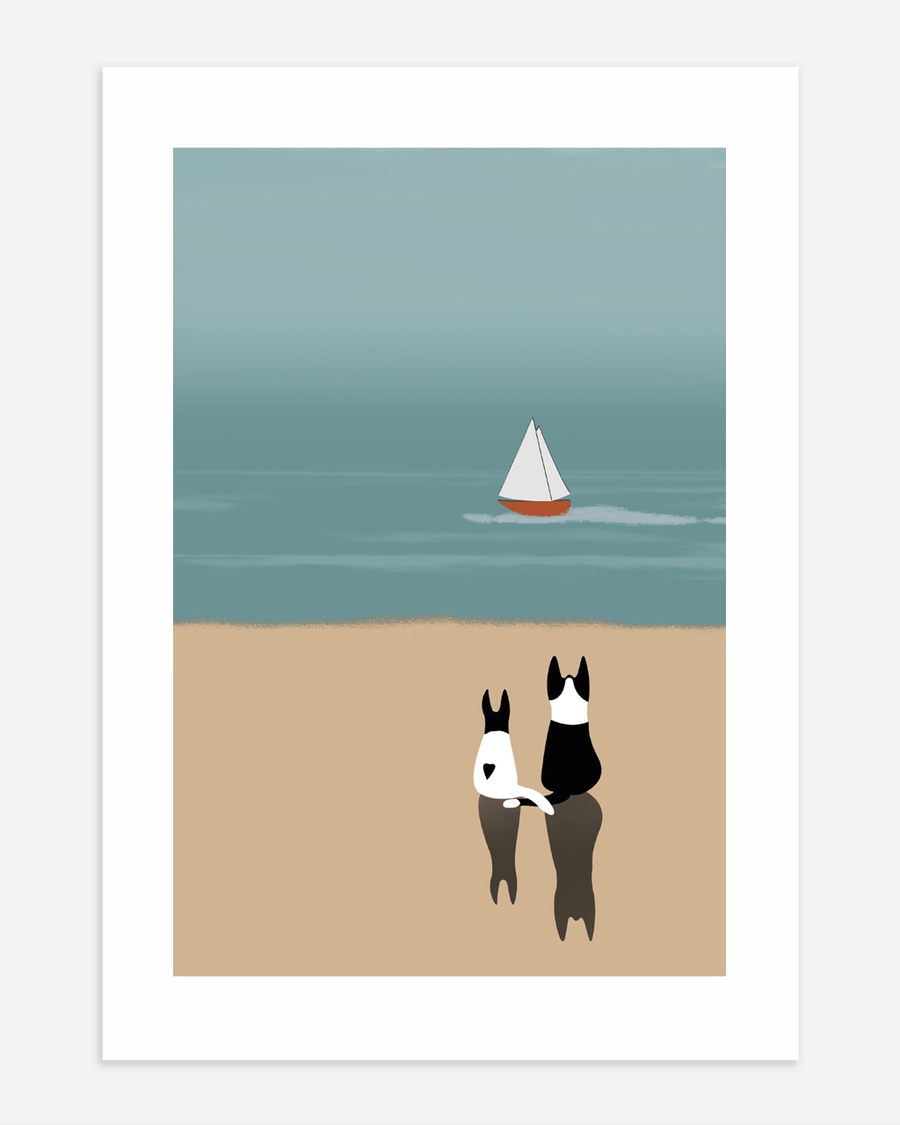 A poster of a Illustrated cats standing by sea with small boat