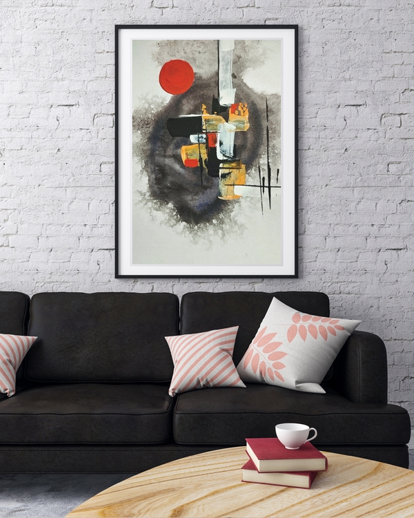 A poster of a Abstract Japandi art, red sun, ochre blocks