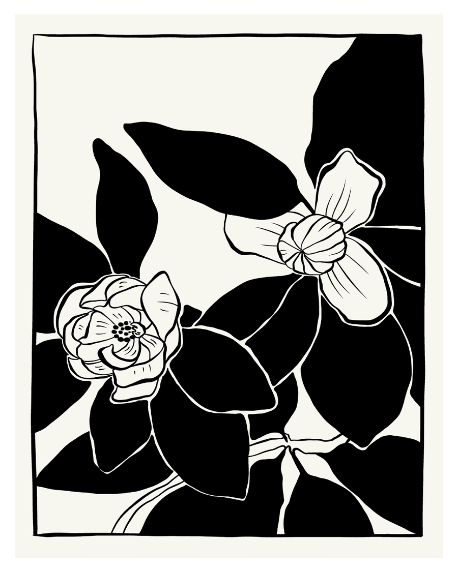 Black and white floral illustration with bold leaves