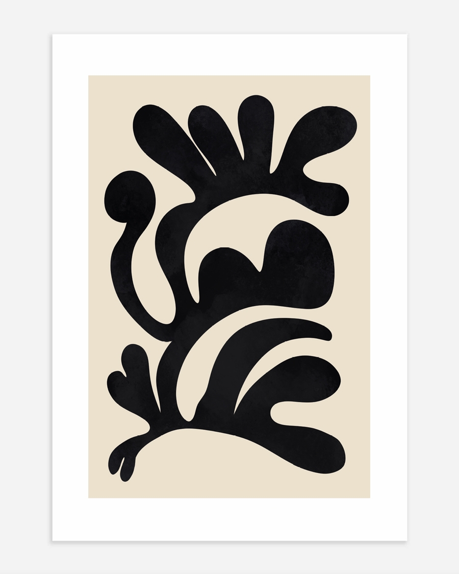 A poster of a Black abstract shapes on soft beige background