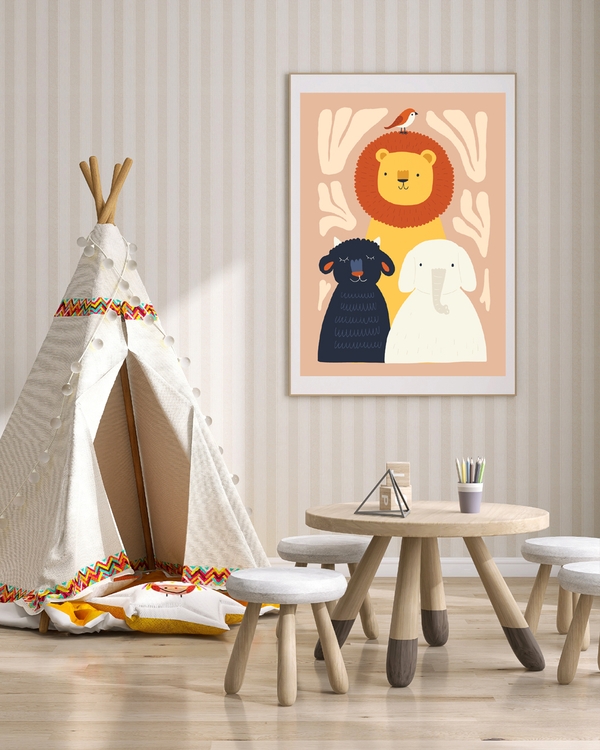 A poster of a Lion, elephant, and sheep with tiny bird.