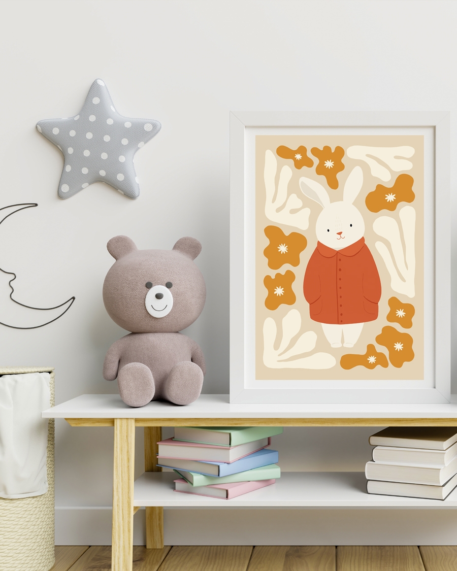 A poster of a White bunny in rust coat among abstract blooms.