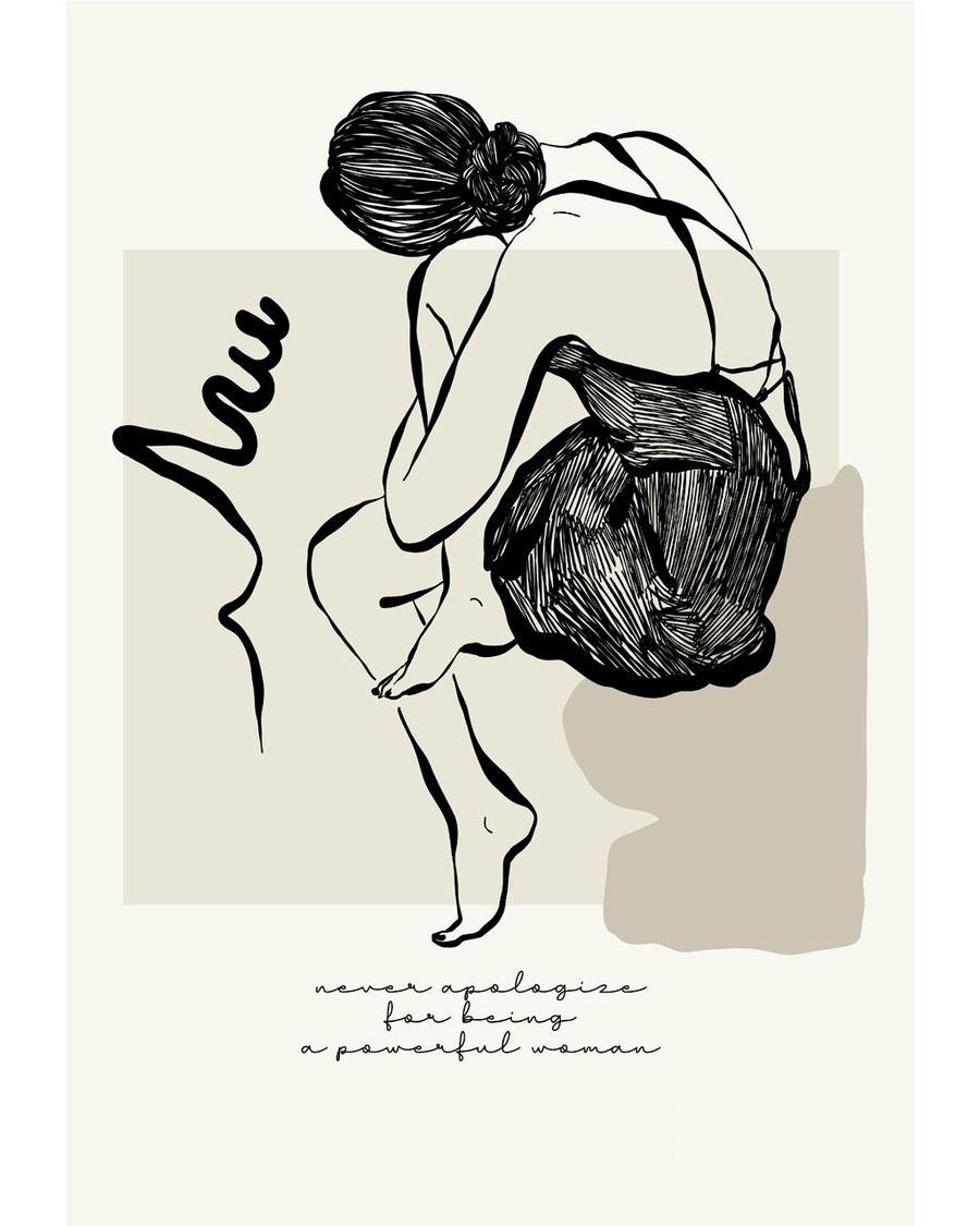 Line art of seated figure with beige background