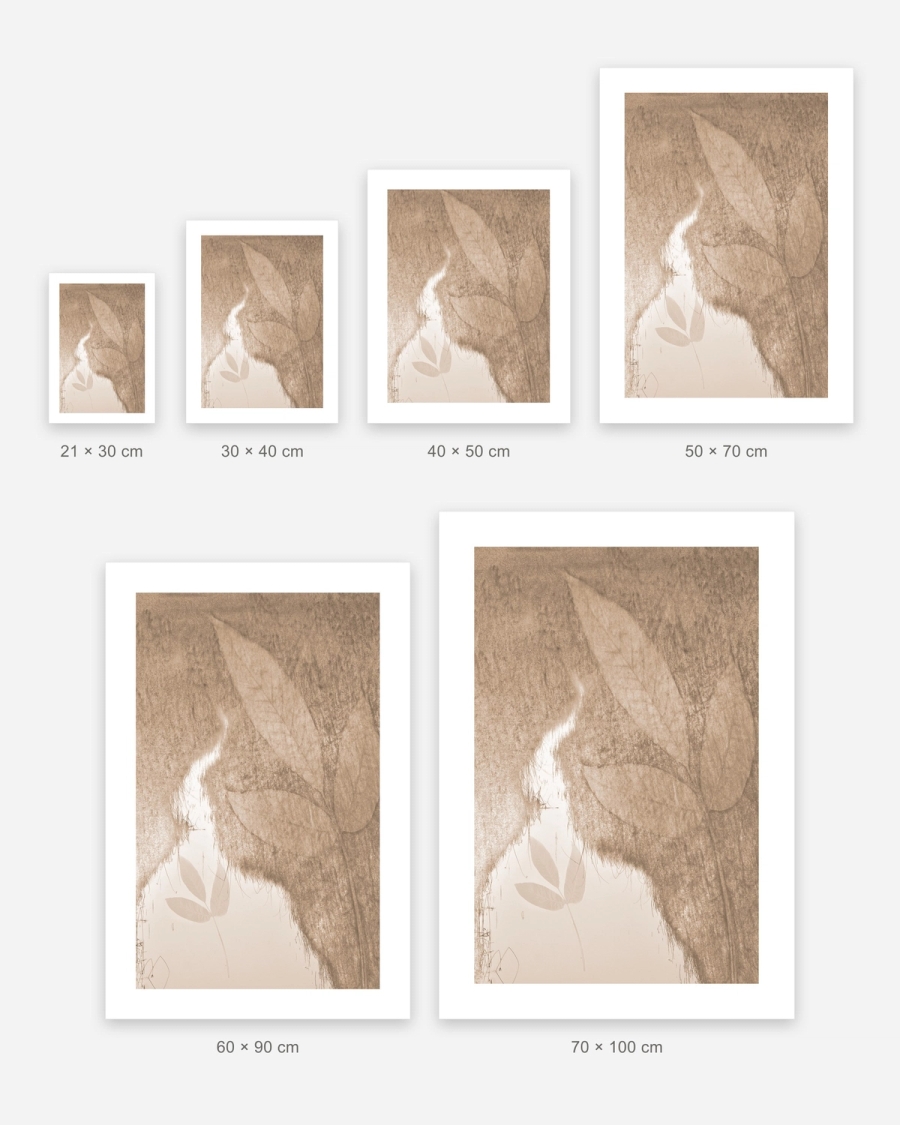 Sepia Leaf Veil poster in 6 sizes, shown to scale: 21 × 30, 30 × 40, 40 × 50, 50 × 70, 60 × 90 and 70 × 100 cm