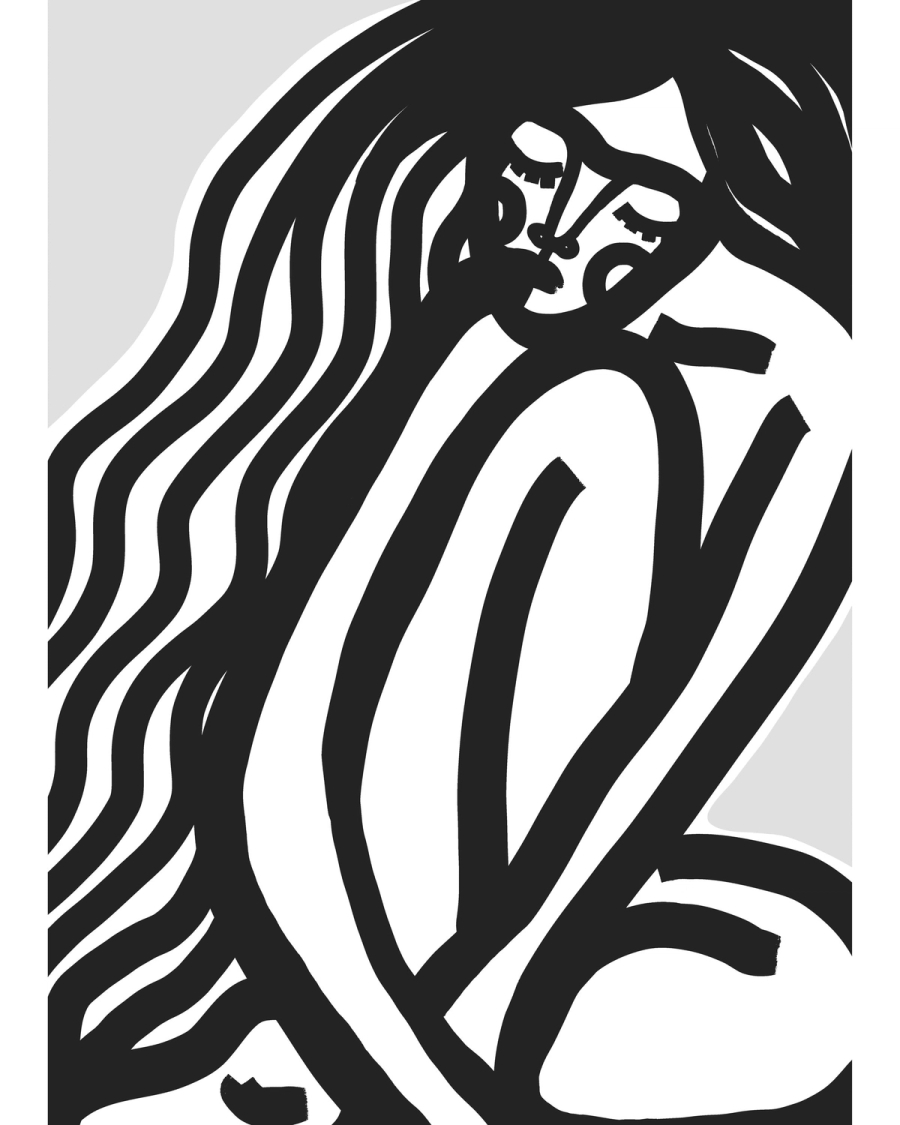 Black and white illustration of a seated woman with long flowing hair in bold brushed lines