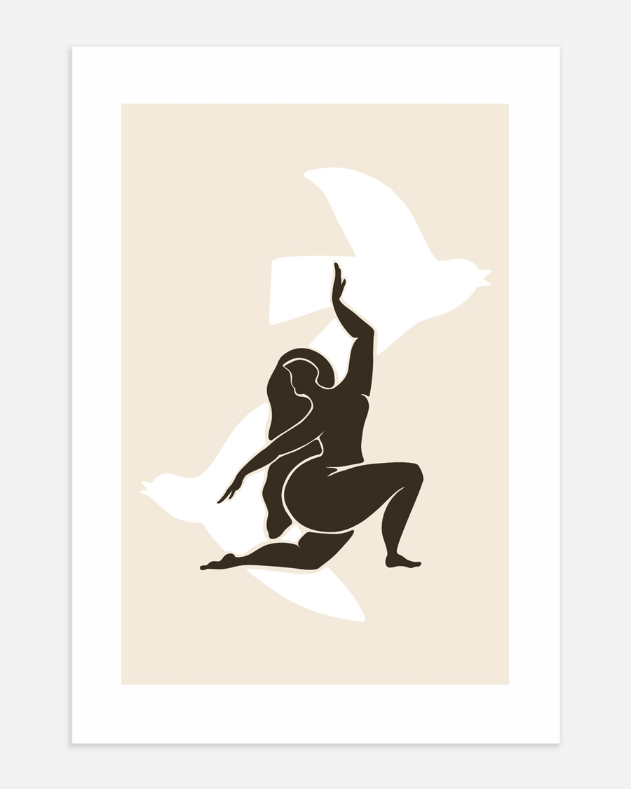 A poster of a Abstract figure reaching toward white bird shapes
