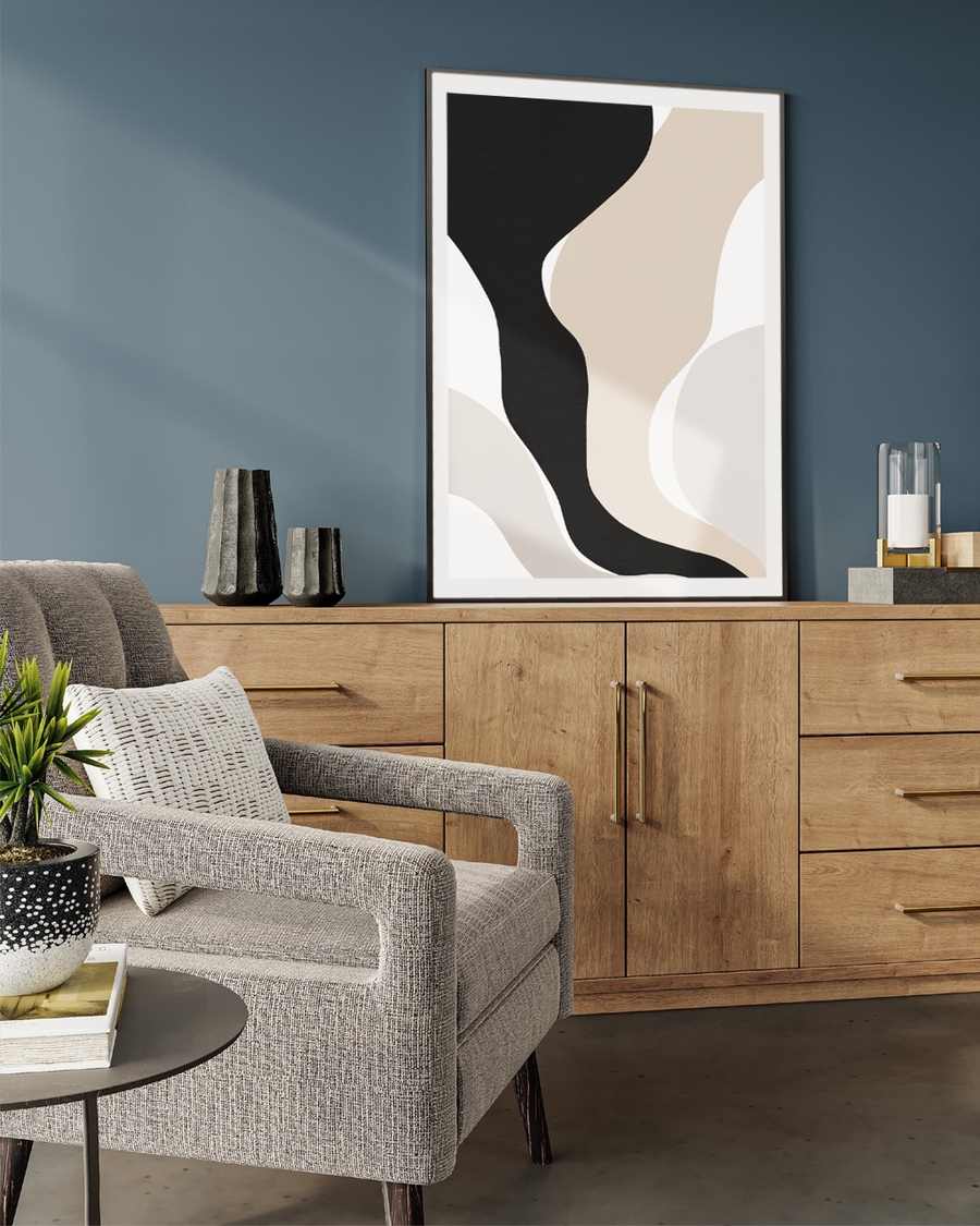 A poster of a abstract flowing shapes in black and beige tones