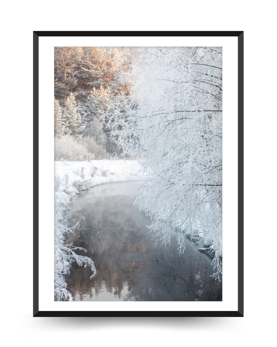 A poster of a Frost covered trees beside quiet winter stream