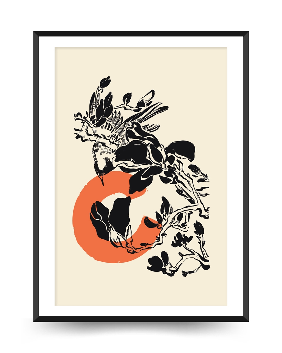 A poster of a Japandi inspired ink art with organic shapes