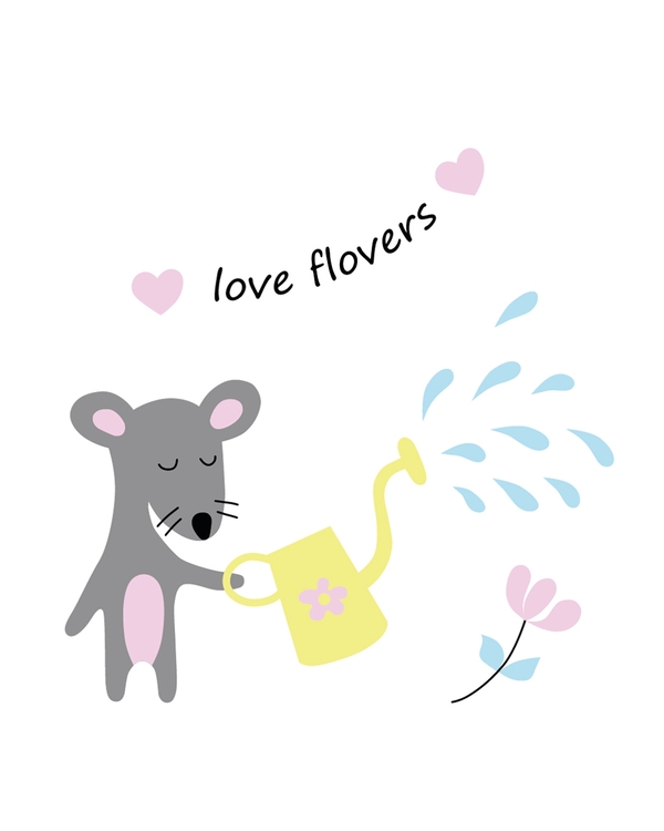 Mouse illustration watering flowers with love text