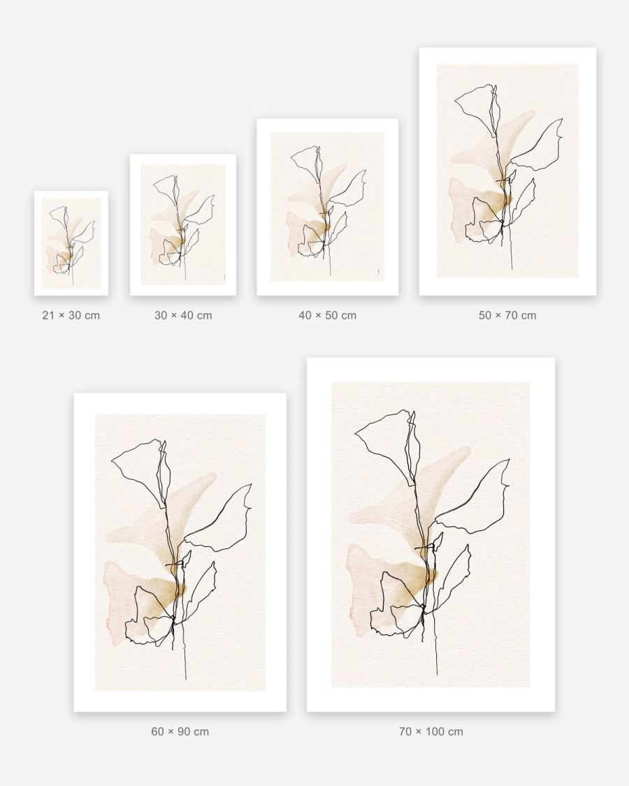 One Line Leaves poster in 6 sizes, shown to scale: 21 × 30, 30 × 40, 40 × 50, 50 × 70, 60 × 90 and 70 × 100 cm