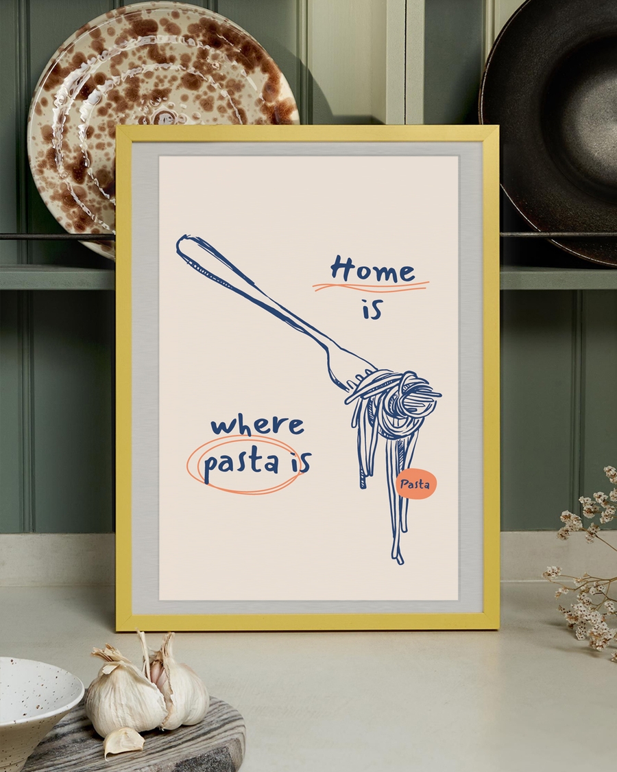 A poster of a Fork twirling pasta with home is where text