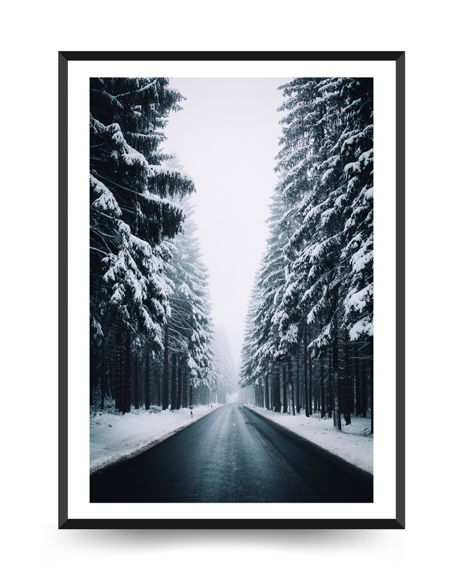 A poster of a Empty winter road lined with snow-covered pine trees.