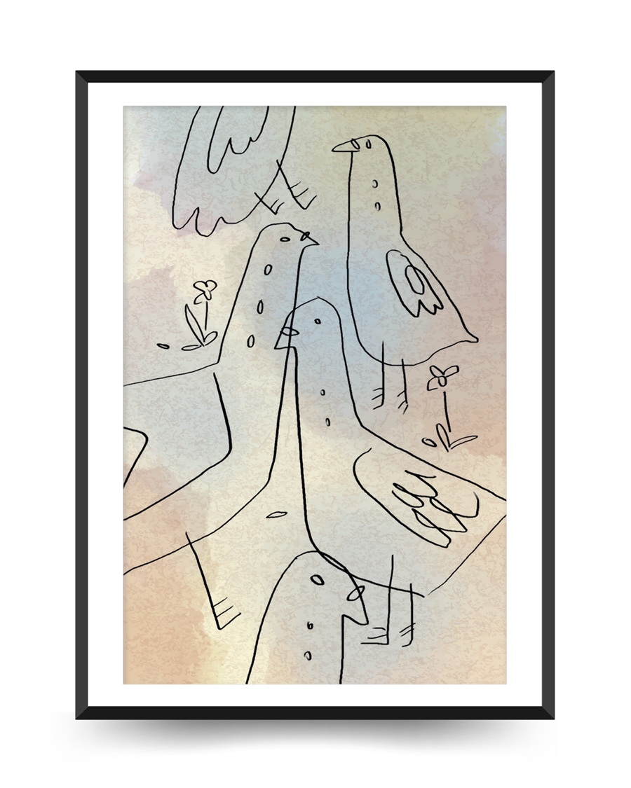 A poster of a Hand drawn bird illustration in soft nordic colors