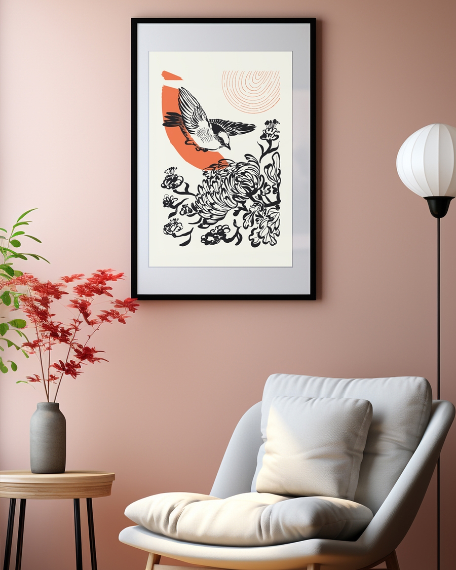 A poster of a Japandi ink bird with flowers and orange accent