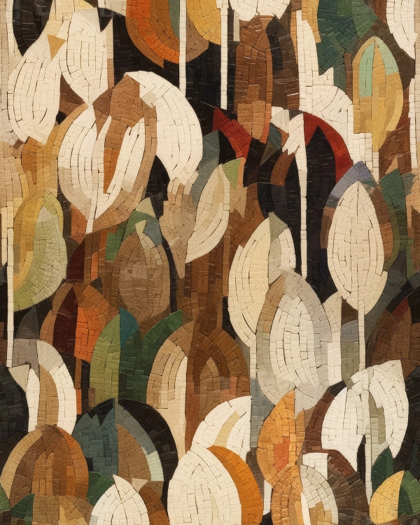 Mosaic-style pattern of layered leaf shapes in cream, rust, brown and muted green