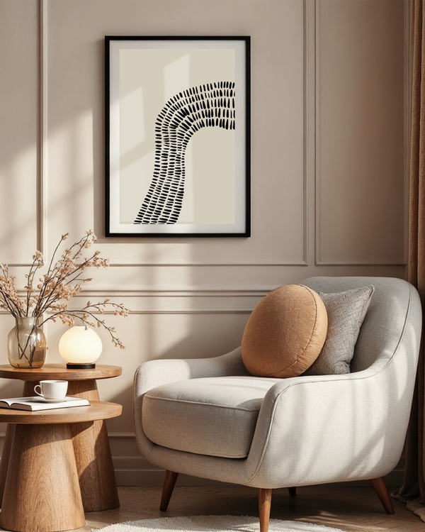 A poster of a Abstract black curved lines on beige background