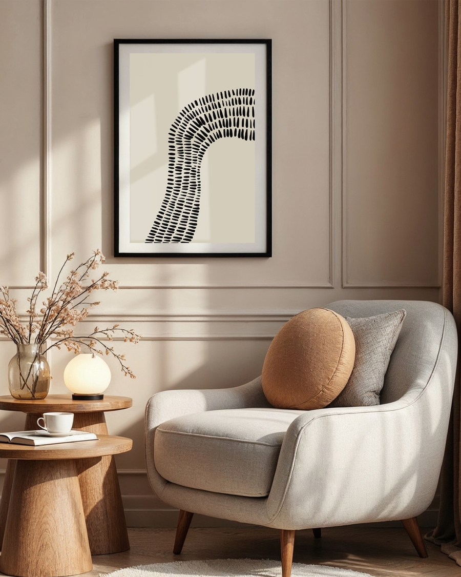 A poster of a Abstract black curved lines on beige background