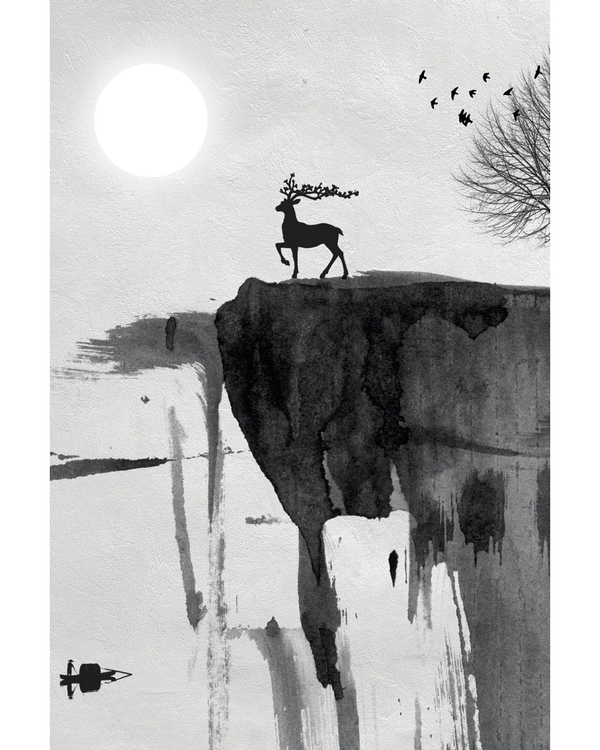 Japandi ink landscape with deer and moon