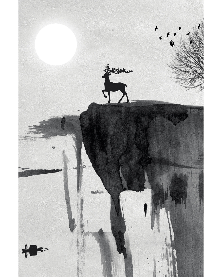Japandi ink landscape with deer and moon