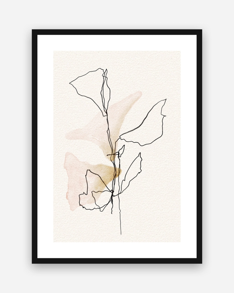 One Line Leaves poster with a white border in a black frame
