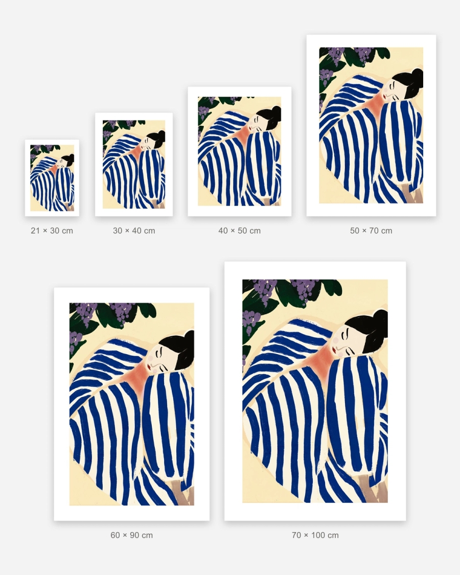 Striped Siesta poster in 6 sizes, shown to scale: 21 × 30, 30 × 40, 40 × 50, 50 × 70, 60 × 90 and 70 × 100 cm